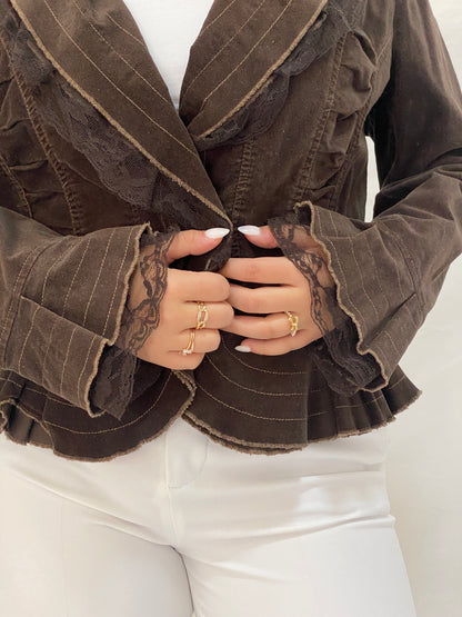 Vintage Tence Brown Blazer Ruffle Trim & Lace Cuff Victorian Style Jacket - L
