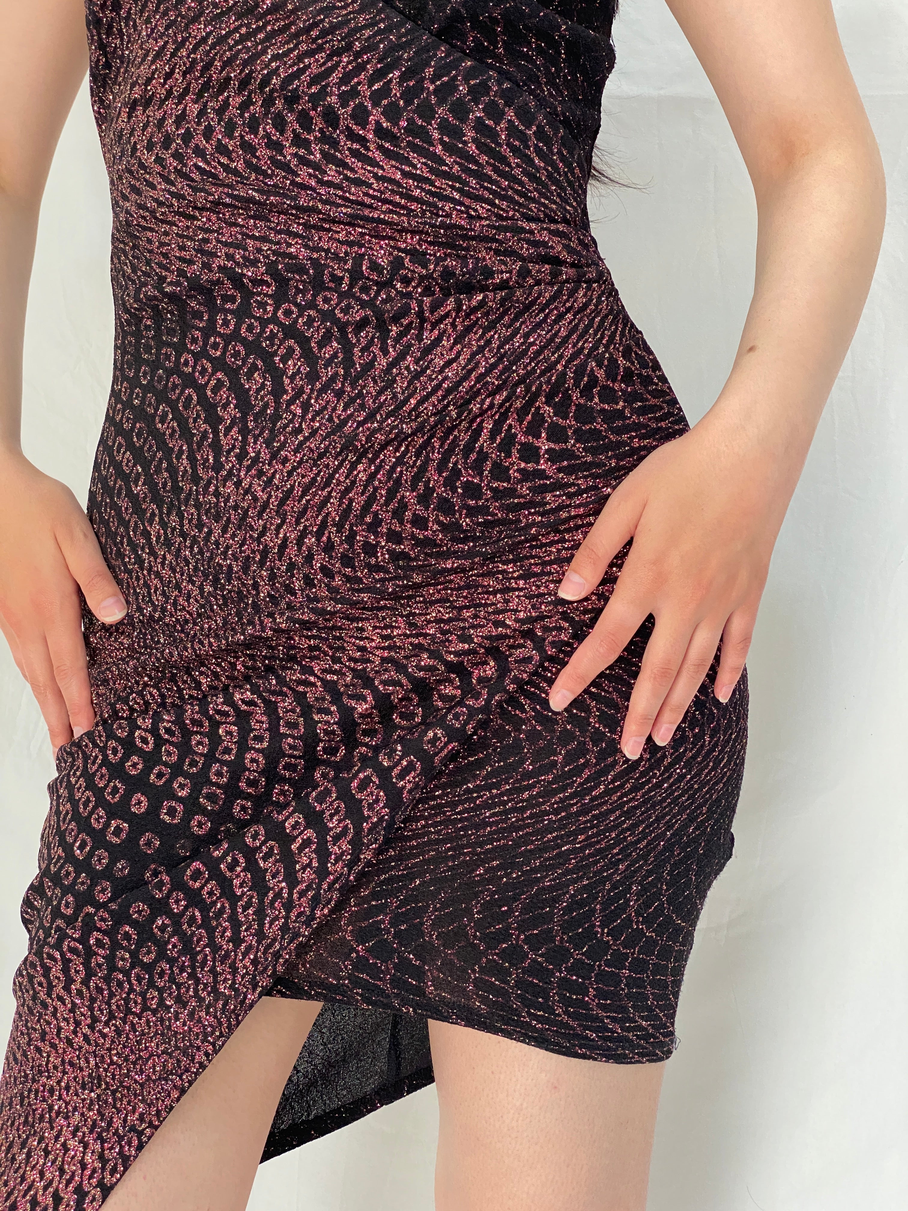 Vintage Monaco Black & Burgundy Glitter Asymmetric Party Dress - M