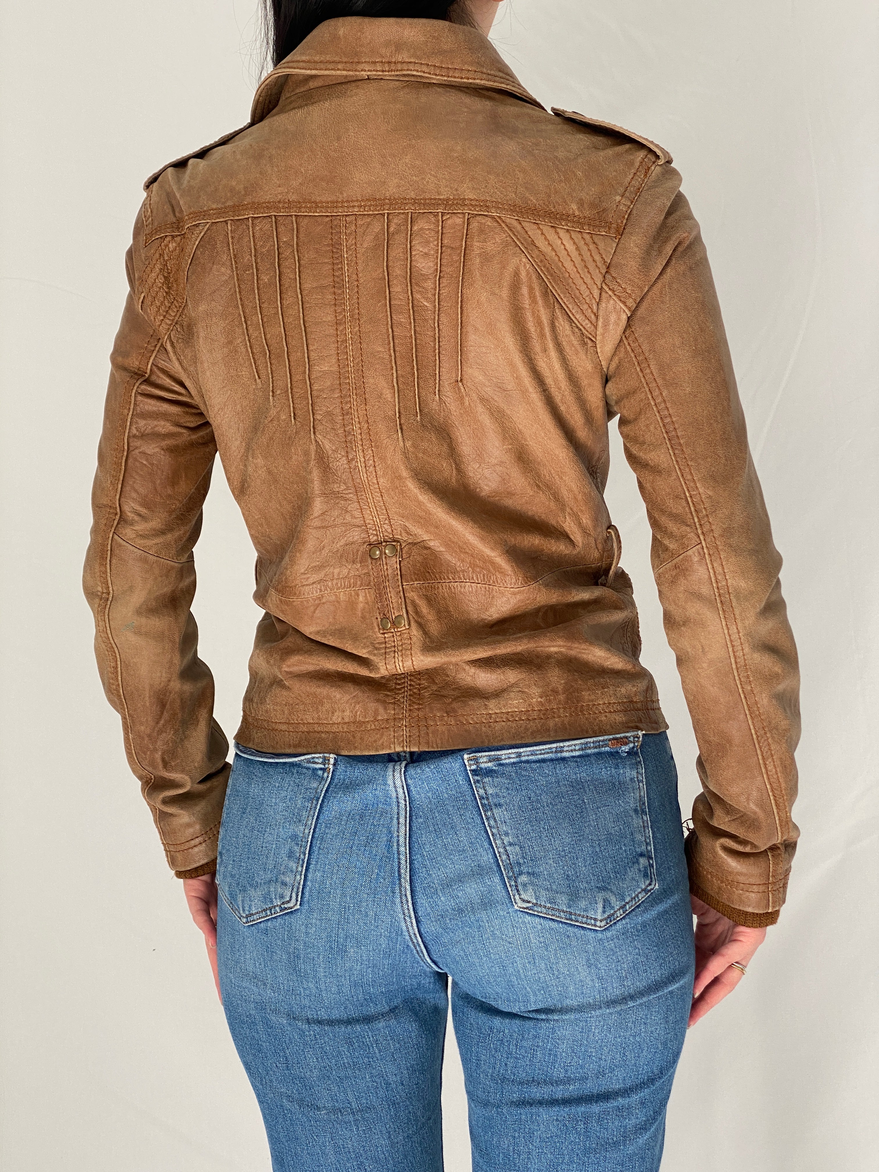 Vintage Y2K Stradivarius Brown Real Leather Moto Fitted Jacket - S