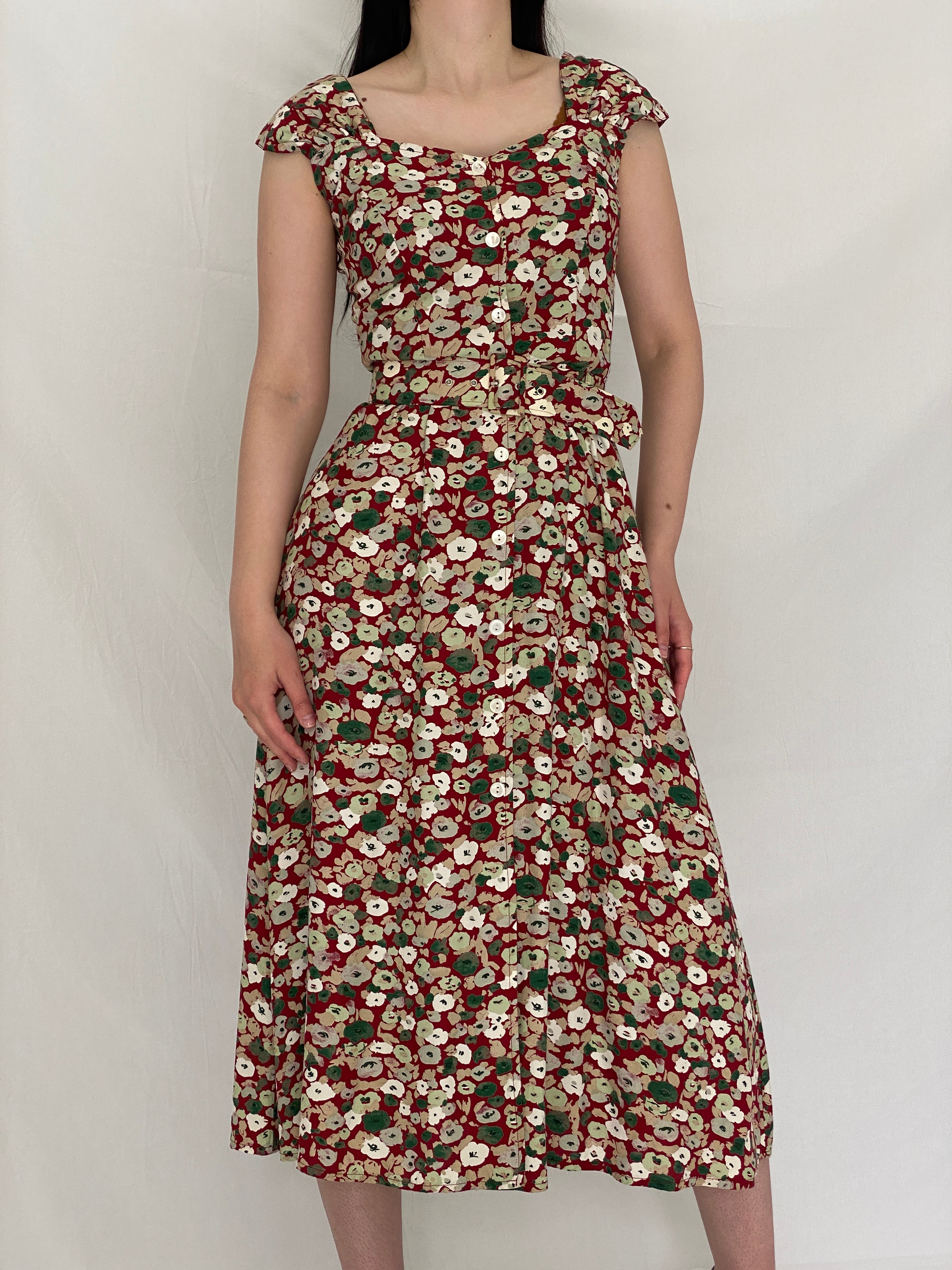 Romantic Vintage Magnolia Red Floral Button-Front Belted Midi Dress Romantic Vintage Magnolia Red Floral Button-Front Belted Midi Dress