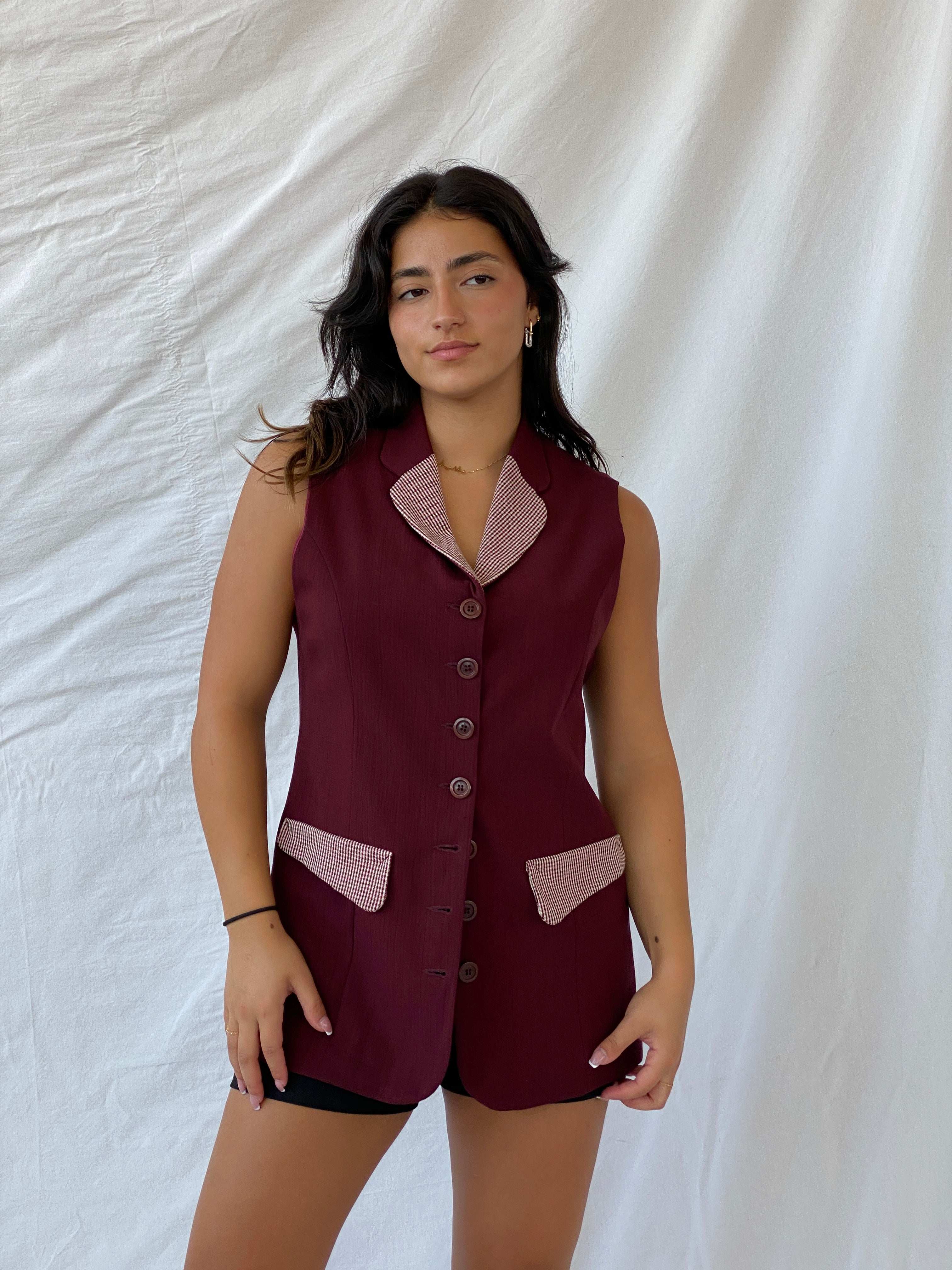 Vintage 80s DiONNiNi Maroon Long Vest with Checkered Detailing - L