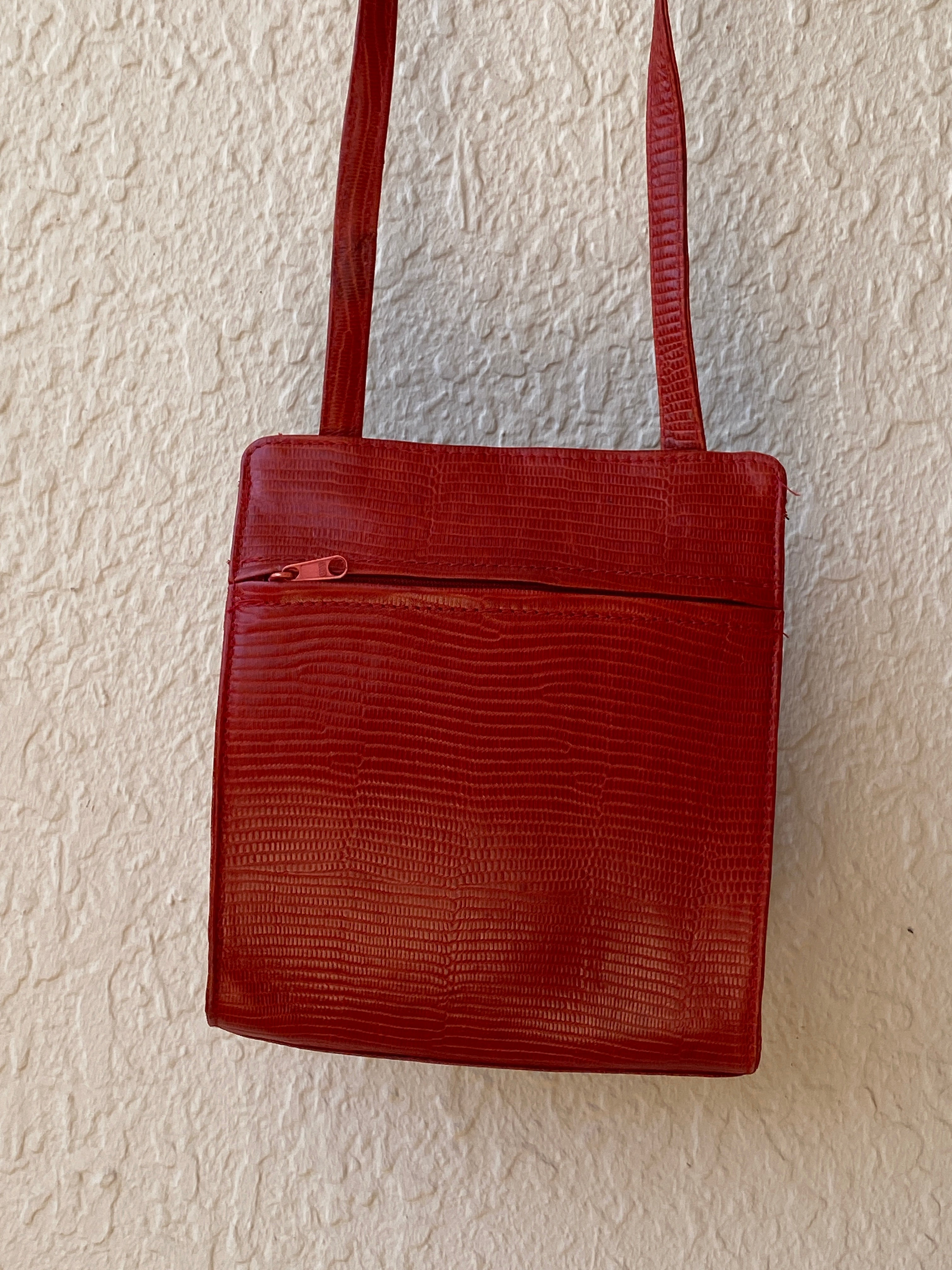 Vintage 80s Funbag Red Embossed Leather Structured Crossbody Bag