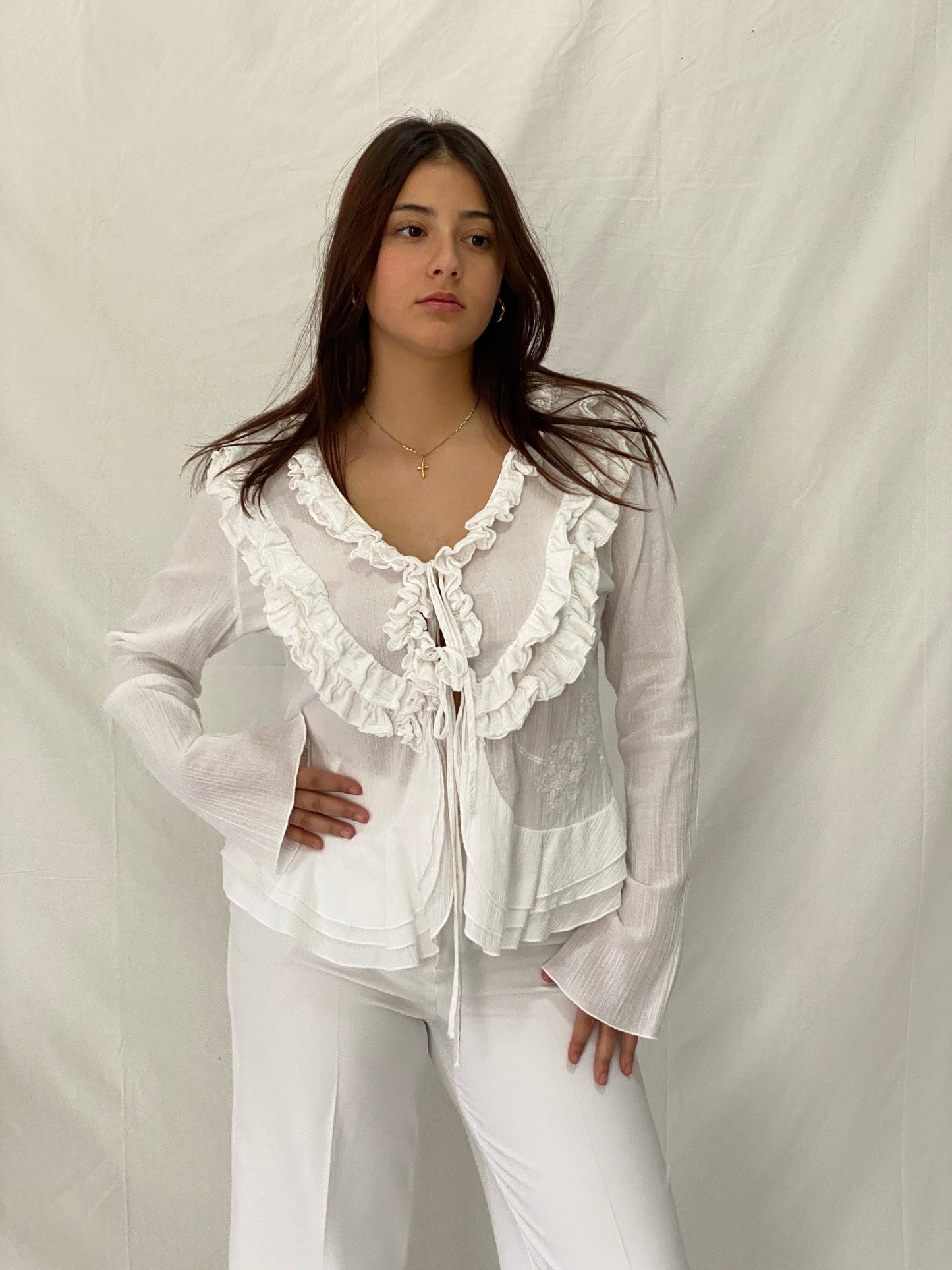 Vintage Y2K White Ruffled Sheer Cardigan Tie Front Romantic Fairy Grunge Blouse - L