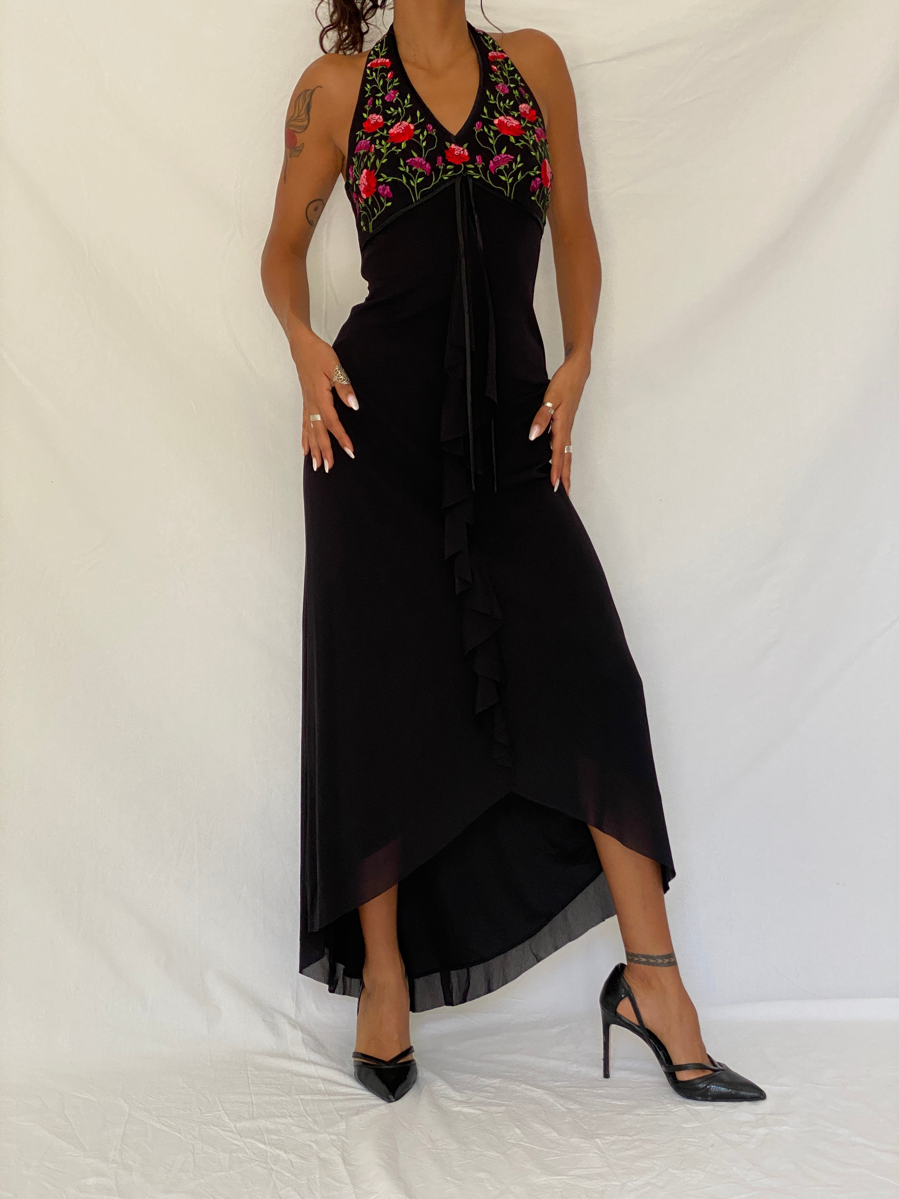 Vintage 90s De Laru by Sheila Yen Black Floral Embroidered Halter Dress – S