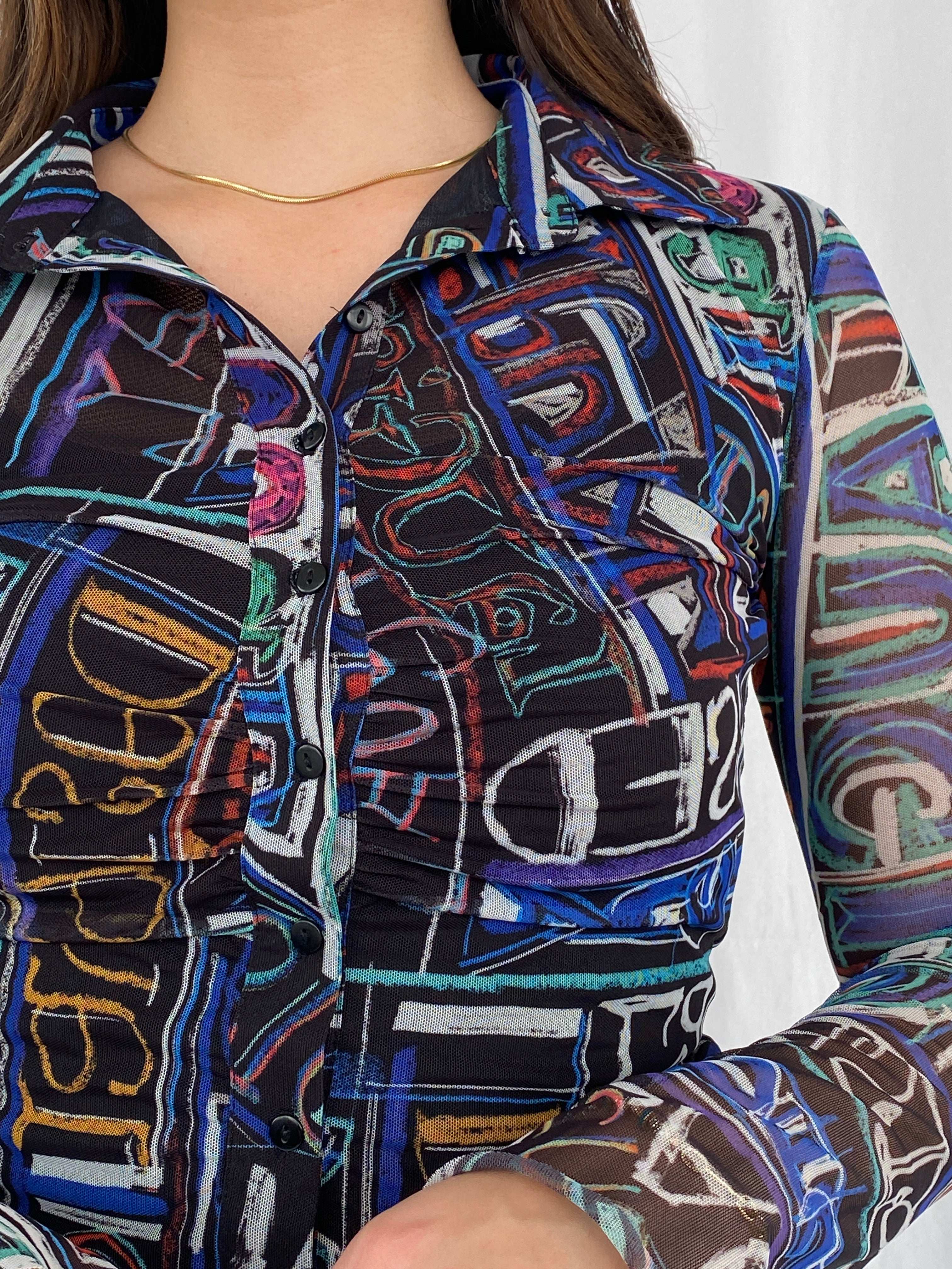 Desigual Mariscal Multi-Colored Sheer Shirt Size S - Balagan Vintage Full Sleeve Shirt 00s, NEW IN, Rama, sheer, sheer shirt, women shirt