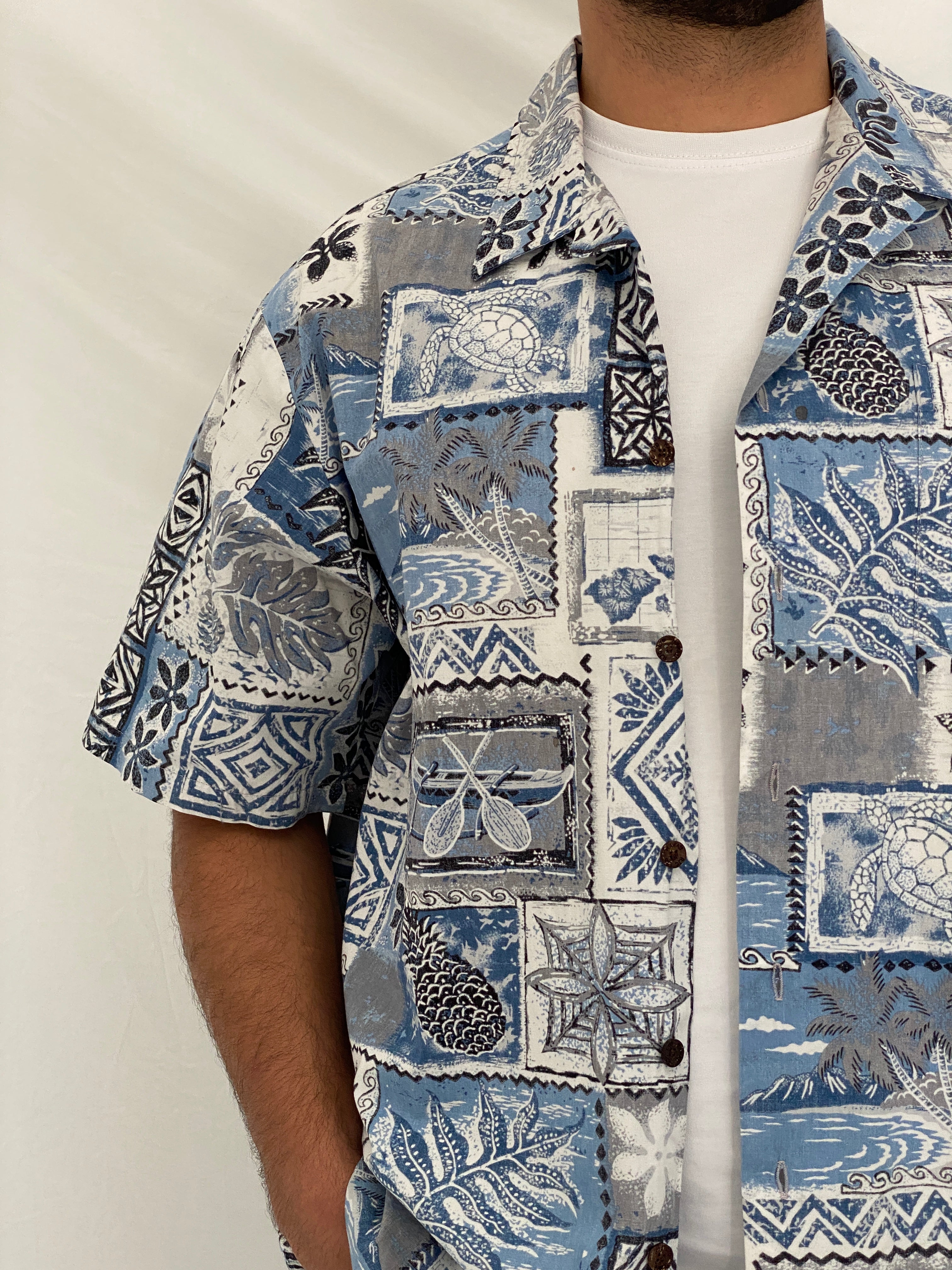 Vintage 90s RJC Blue Tropical Patchwork Hawaiian Camp Shirt - 2XL