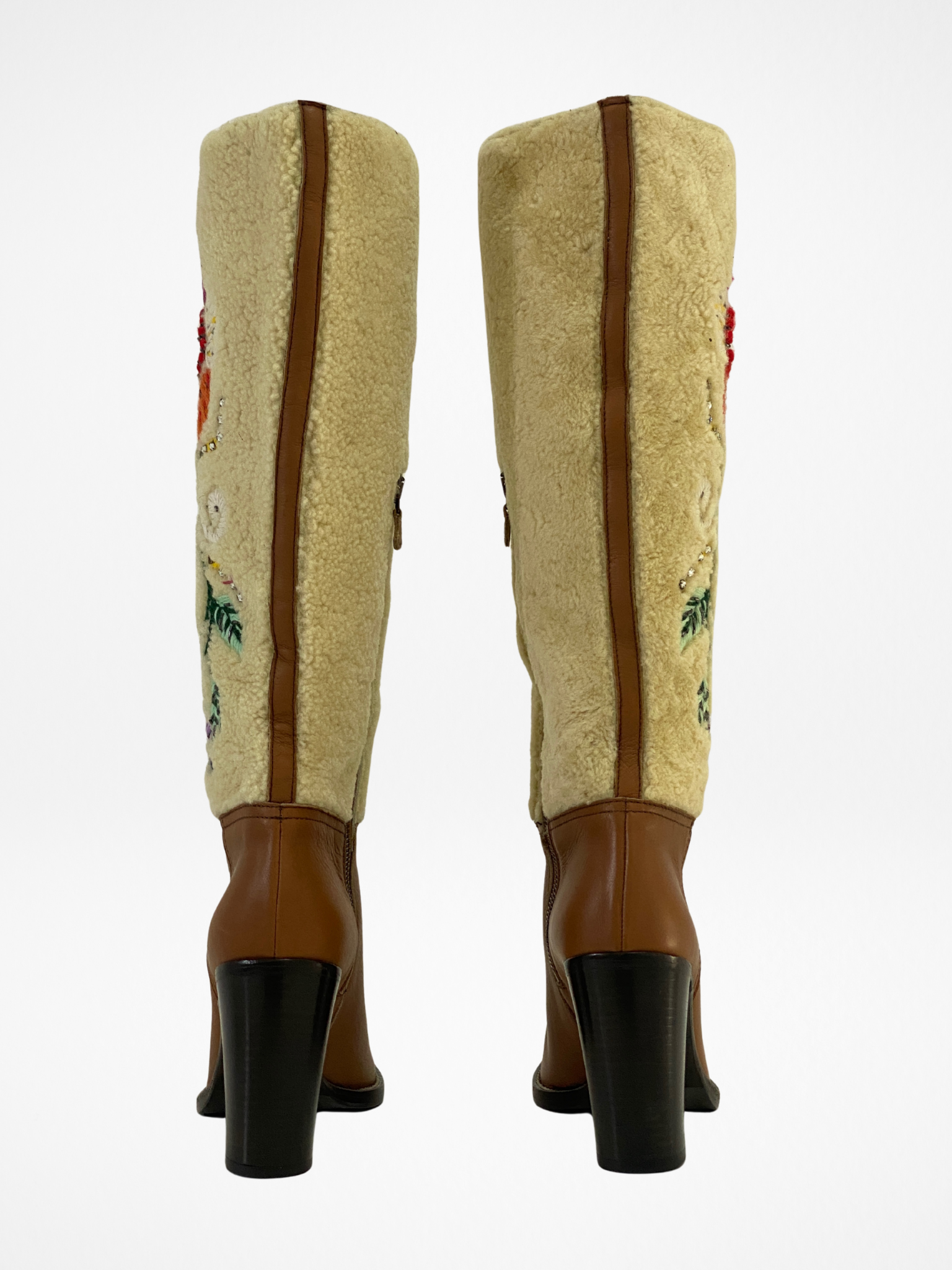 Vintage Miu Miu Brown Leather & Shearling Embroidered Knee-High Boots Block Heel - EU 38.5