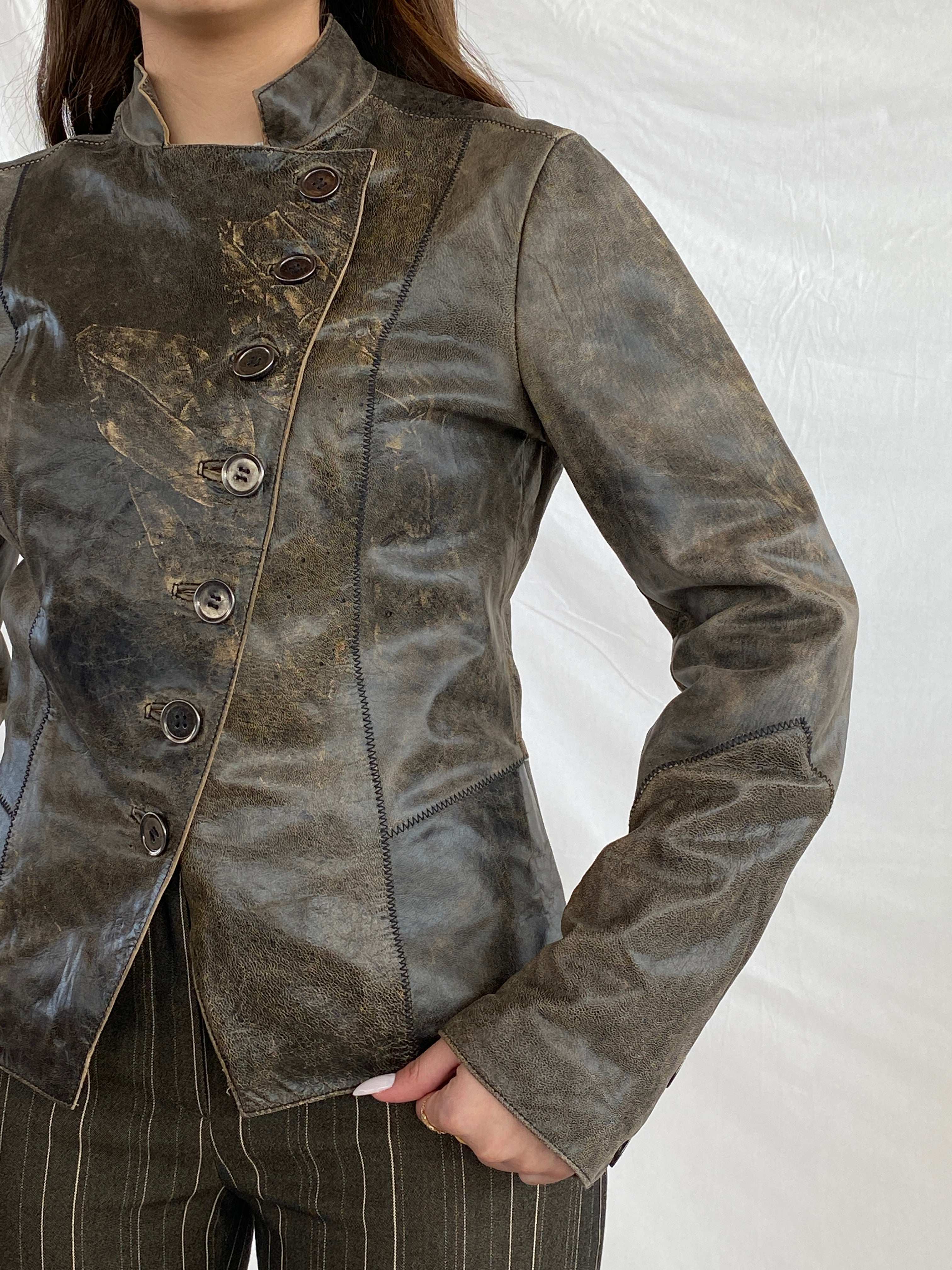 Statement Distressed Genuine Leather Jacket - Balagan Vintage Leather Jacket 00s, 90s, brown leather, genuine leather, genuine leather jacket, Juana, leather jacket, NEW IN