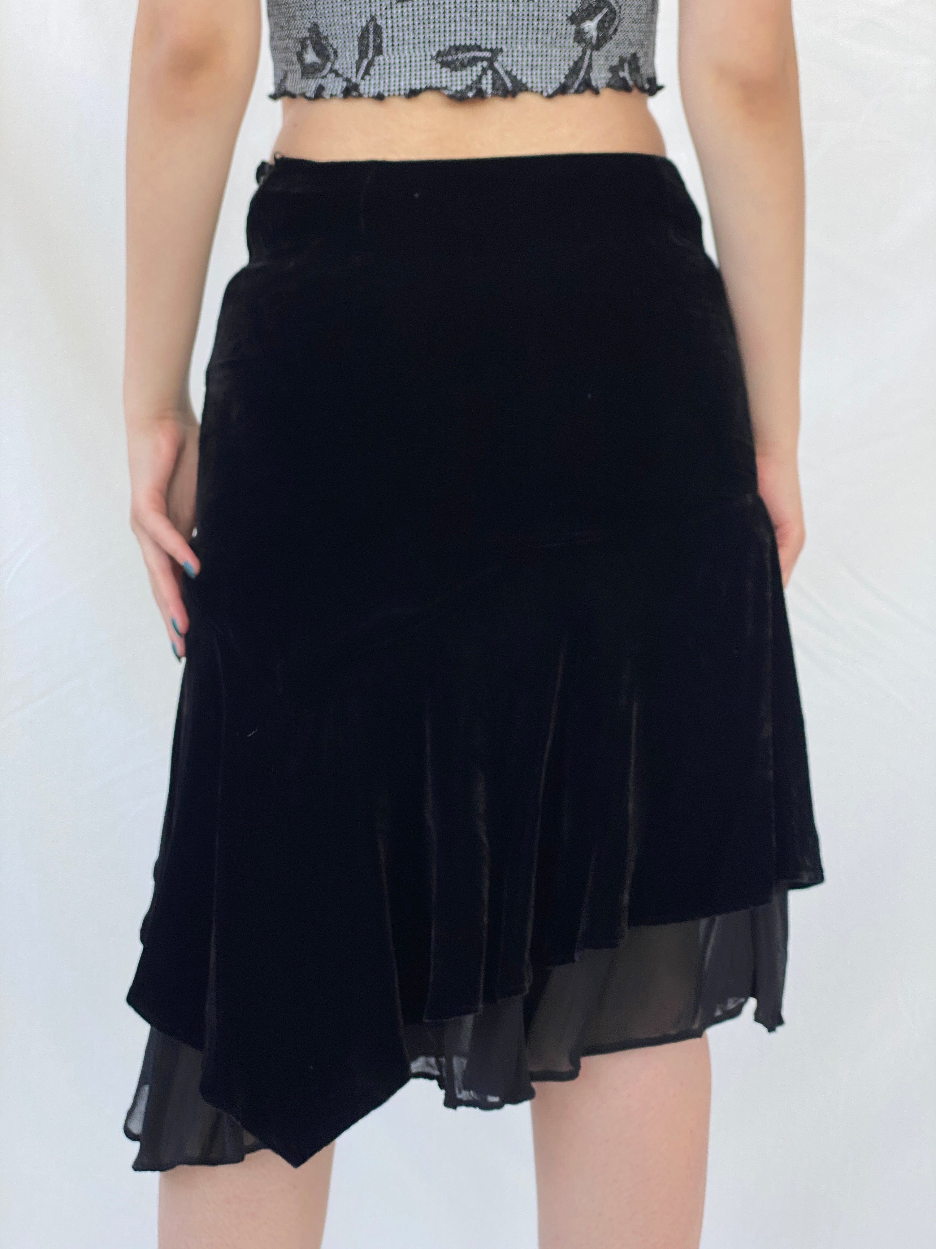 Vintage Jegains Mattiolo Asymmetric Velvet Black Midi Skirt - M