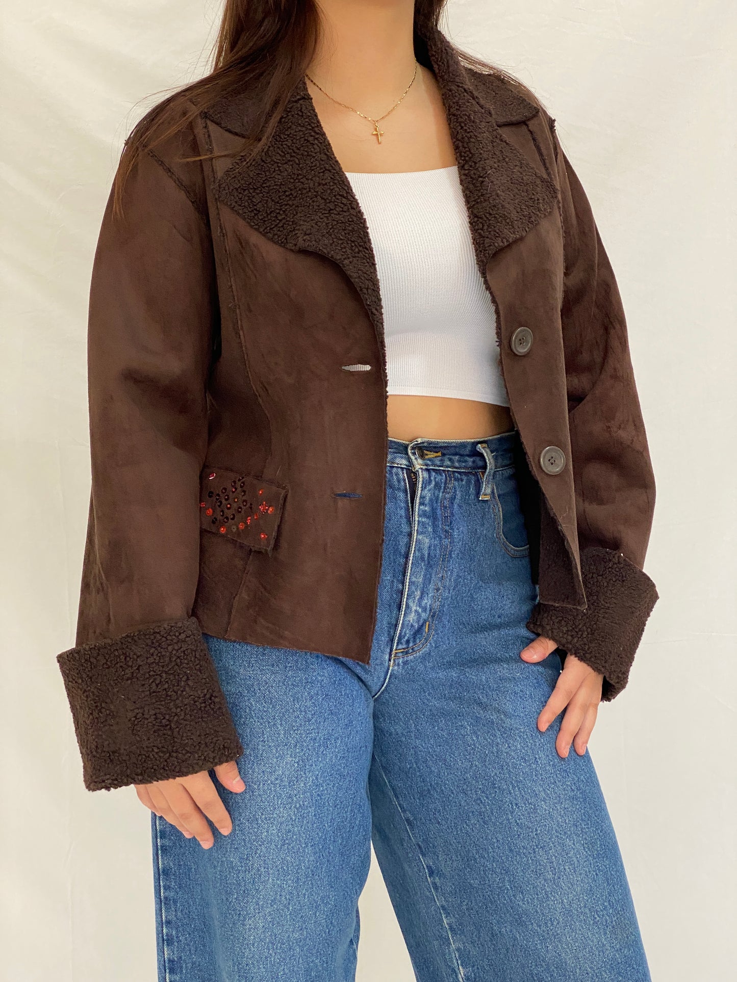 Y2K Together Brown Faux Suede Teddy Trim Jacket - L
