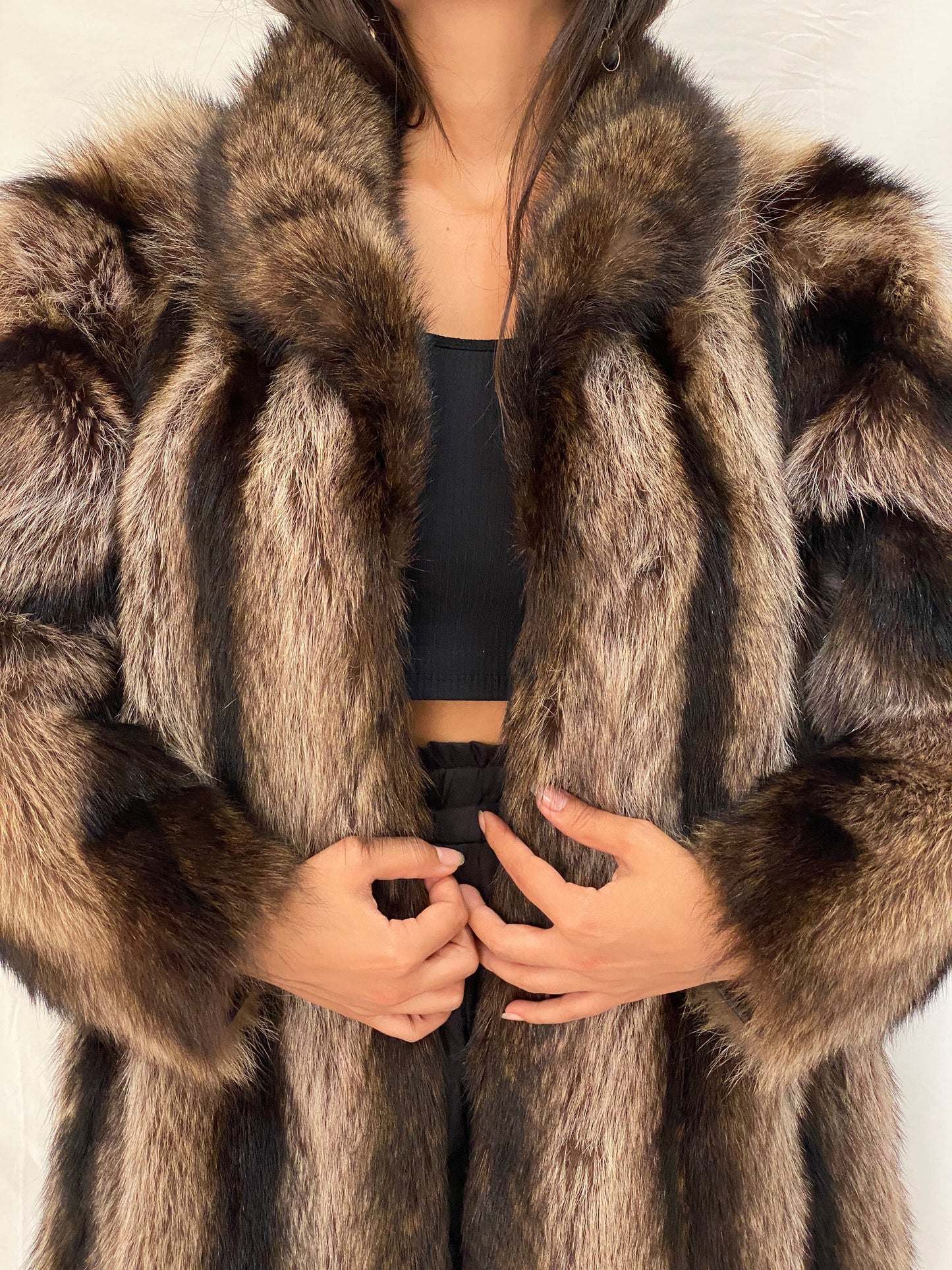 Vintage Real Fur Striped Brown & Black Coat Luxurious Genuine Raccoon Fur Winter Jacket - M