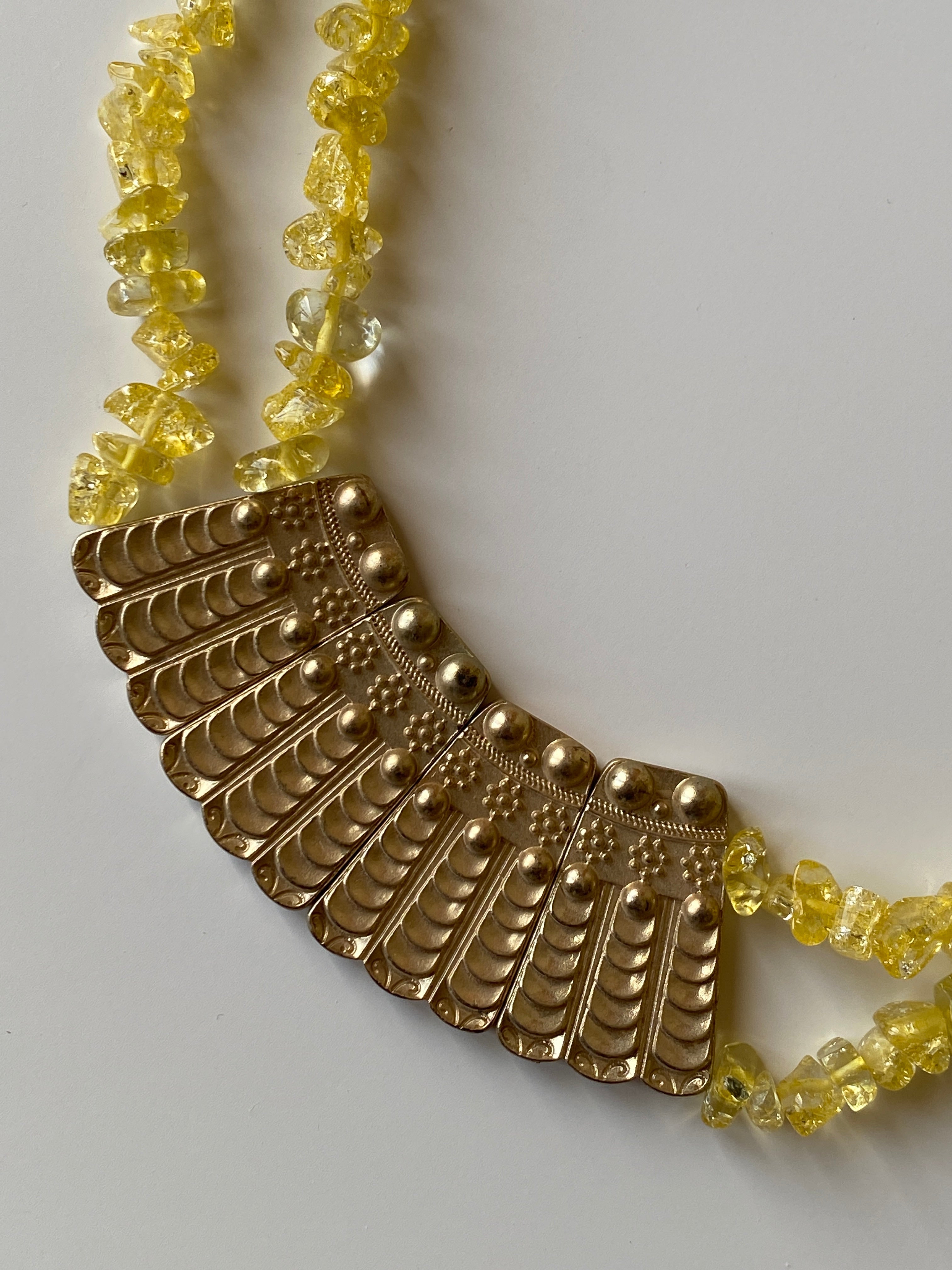 Vintage Yellow Crystal Chip Necklace with Gold-Tone Statement Panel Boho Ethnic Necklace