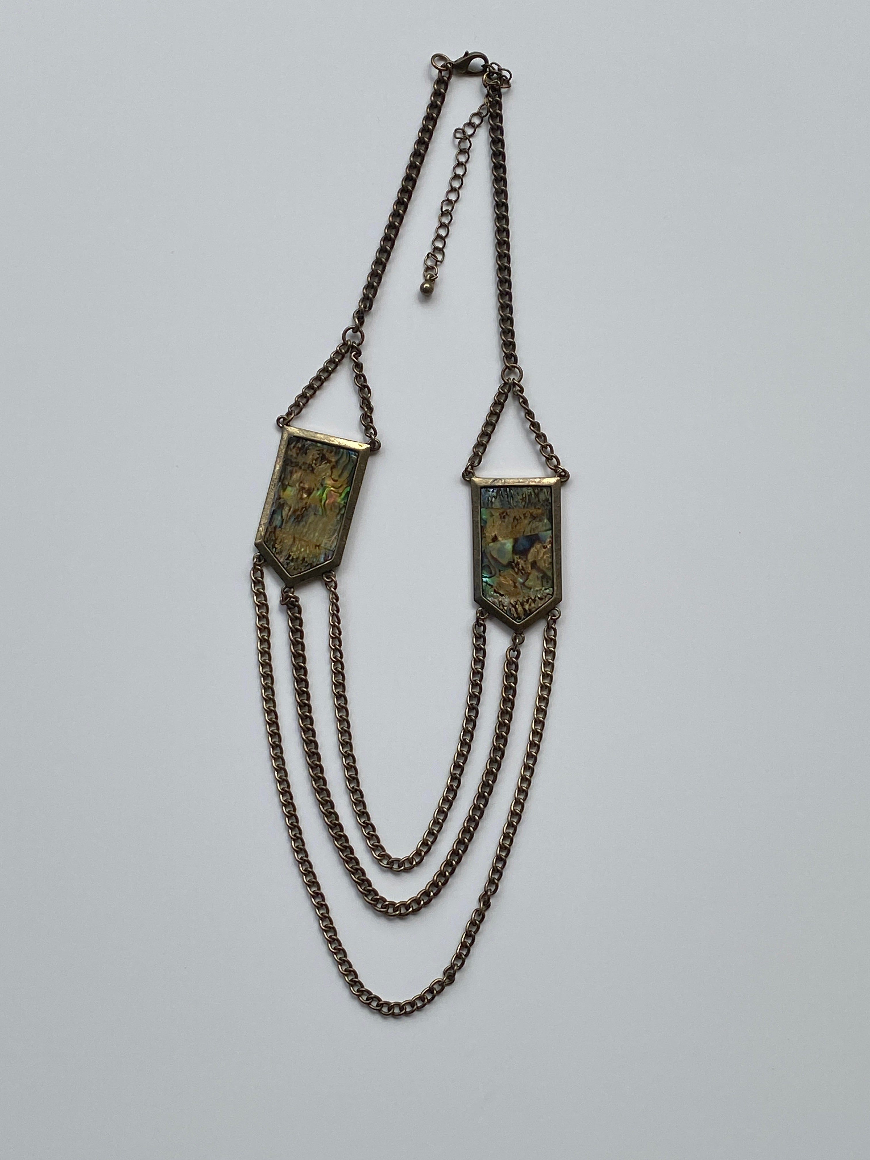 Vintage Y2K–Boho Abalone Shell & Antiqued Brass Triple Draped Chain Statement Necklace