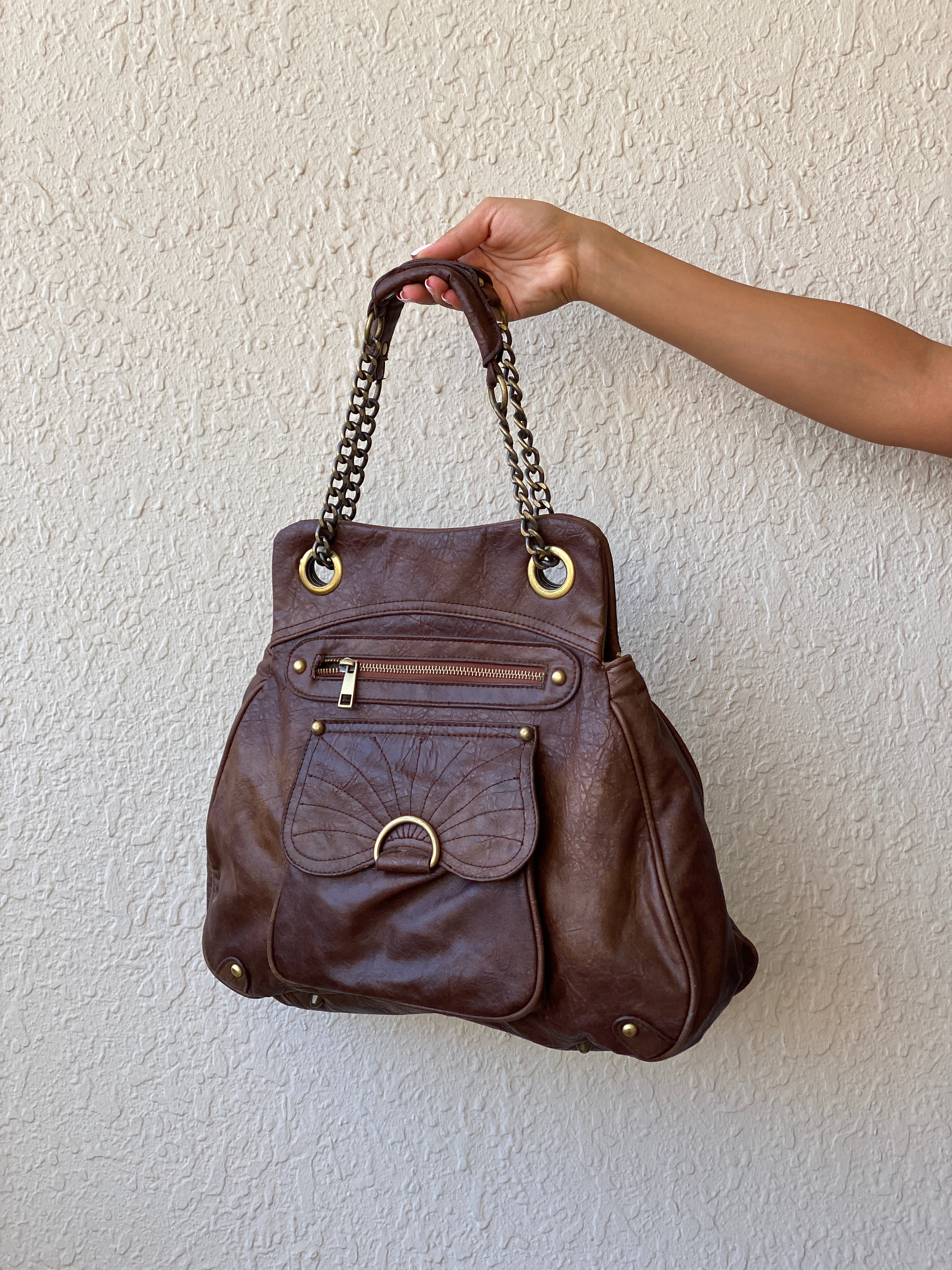 Vintage Y2K A|wear Brown Chain Handle Multi-Pocket Shoulder Bag