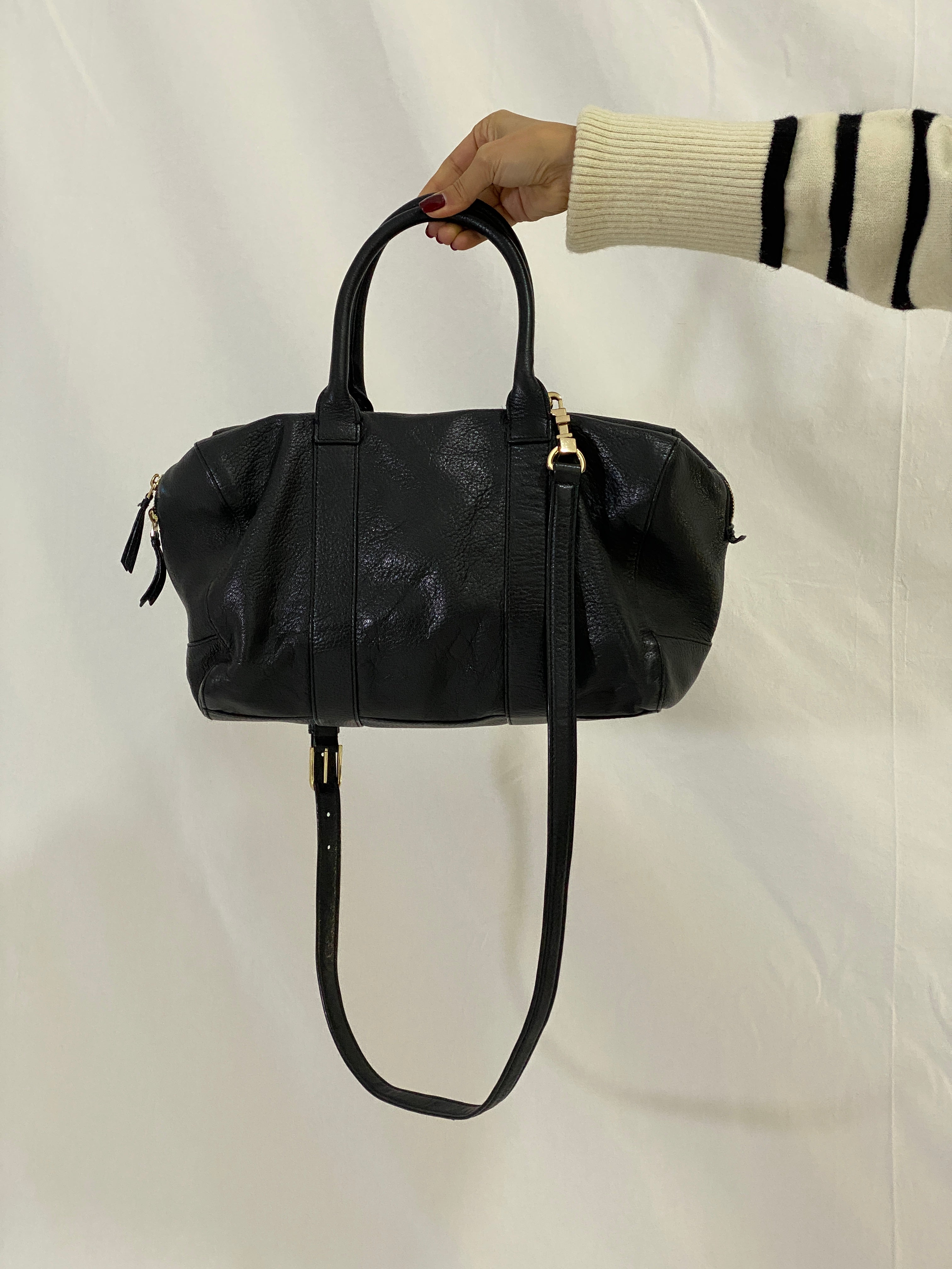 Tory Burch Marion Black Pebbled Leather Satchel Bowler Bag with Gold Hardware