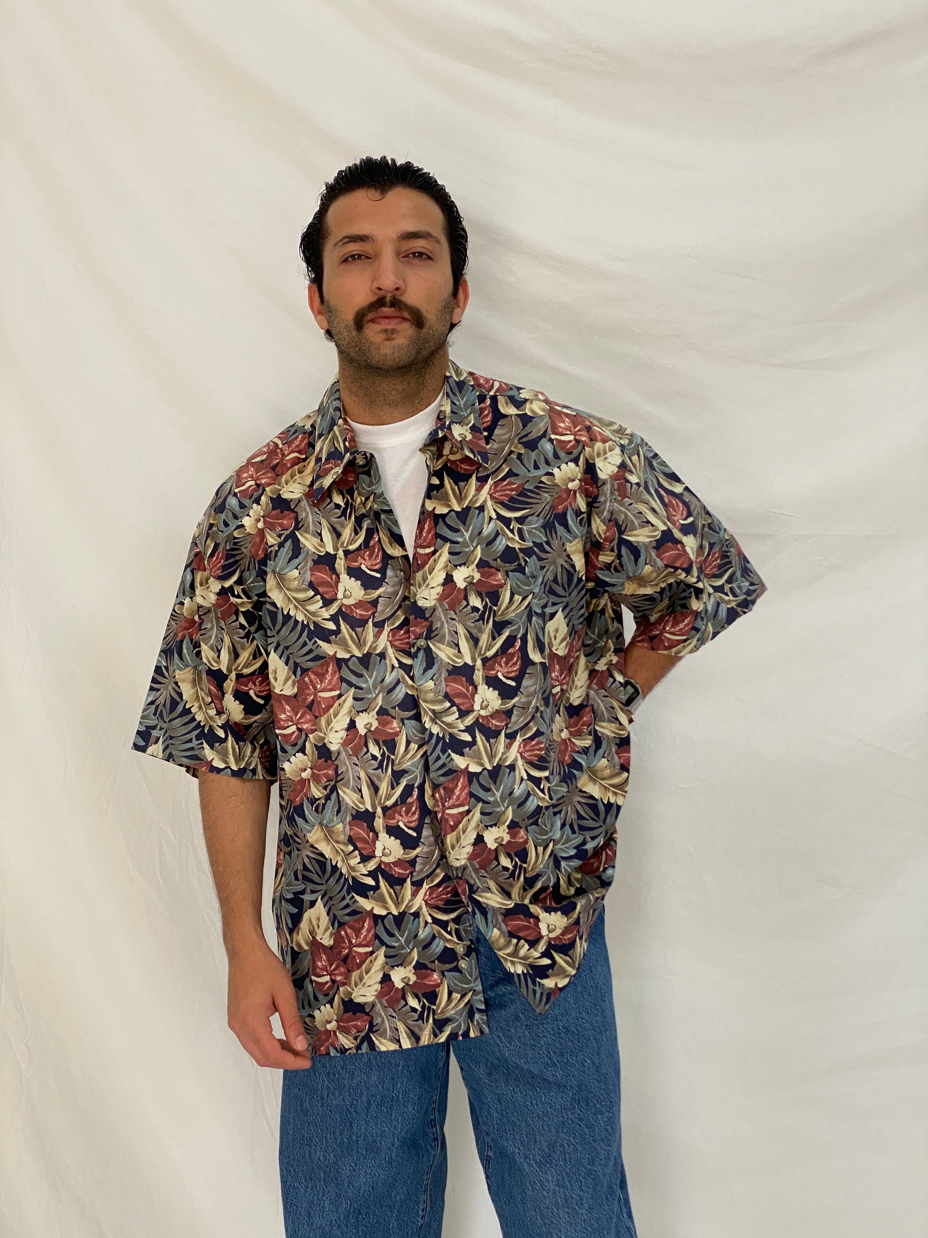 Vintage 90s Campia Moda Tropical Hawaiian Navy Floral Cotton Shirt - XL