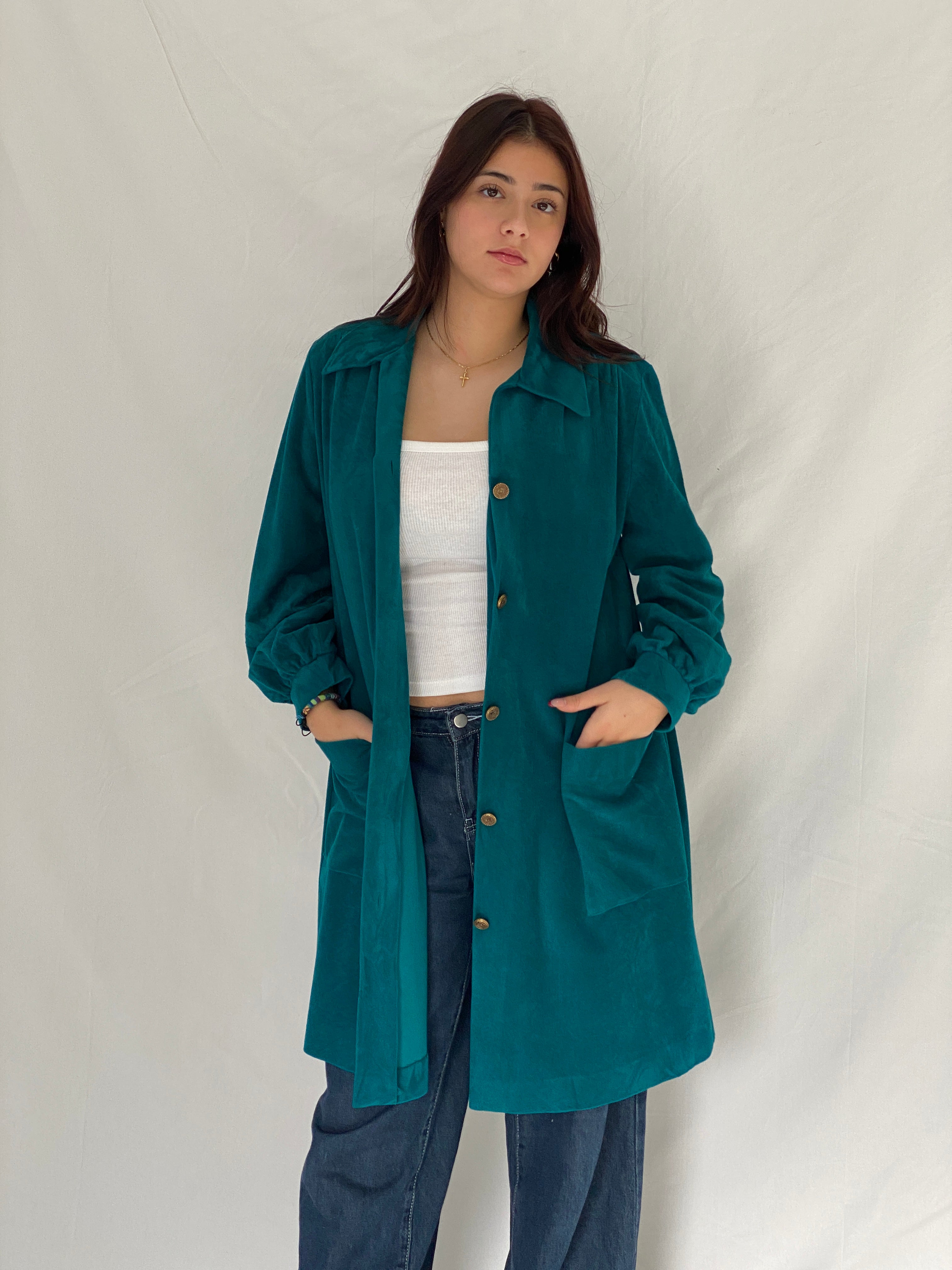 Vintage Vanity Fair Teal Velvet Kimono-Style Jacket with Gold Buttons - L