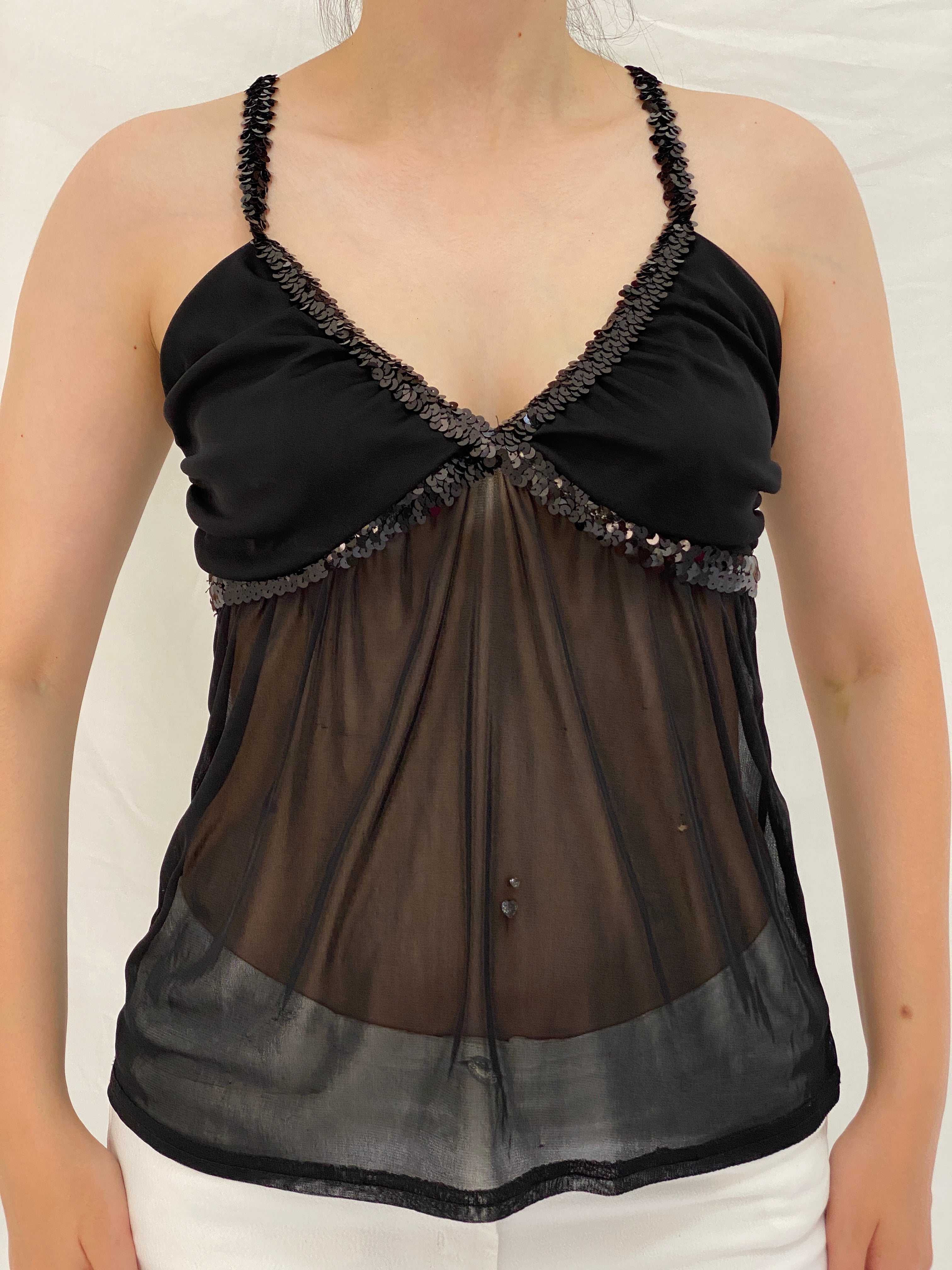 Vintage Y2K Black Party Evening Sequin Trim Sheer Mesh Cami Top - M