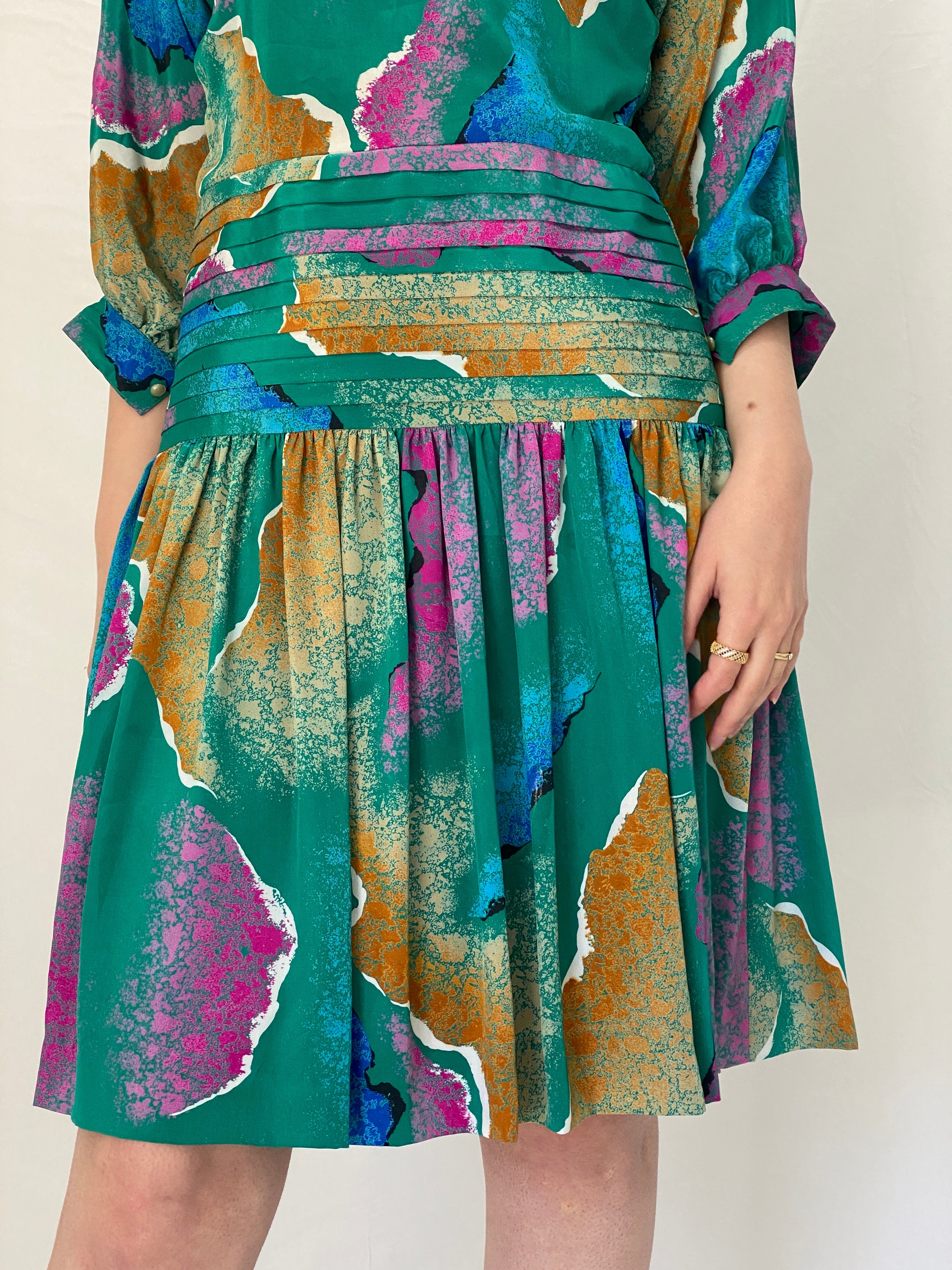 Vintage Silken Green Abstract Print Pleated Waist Midi Dress 80s 90s Statement Dress - M