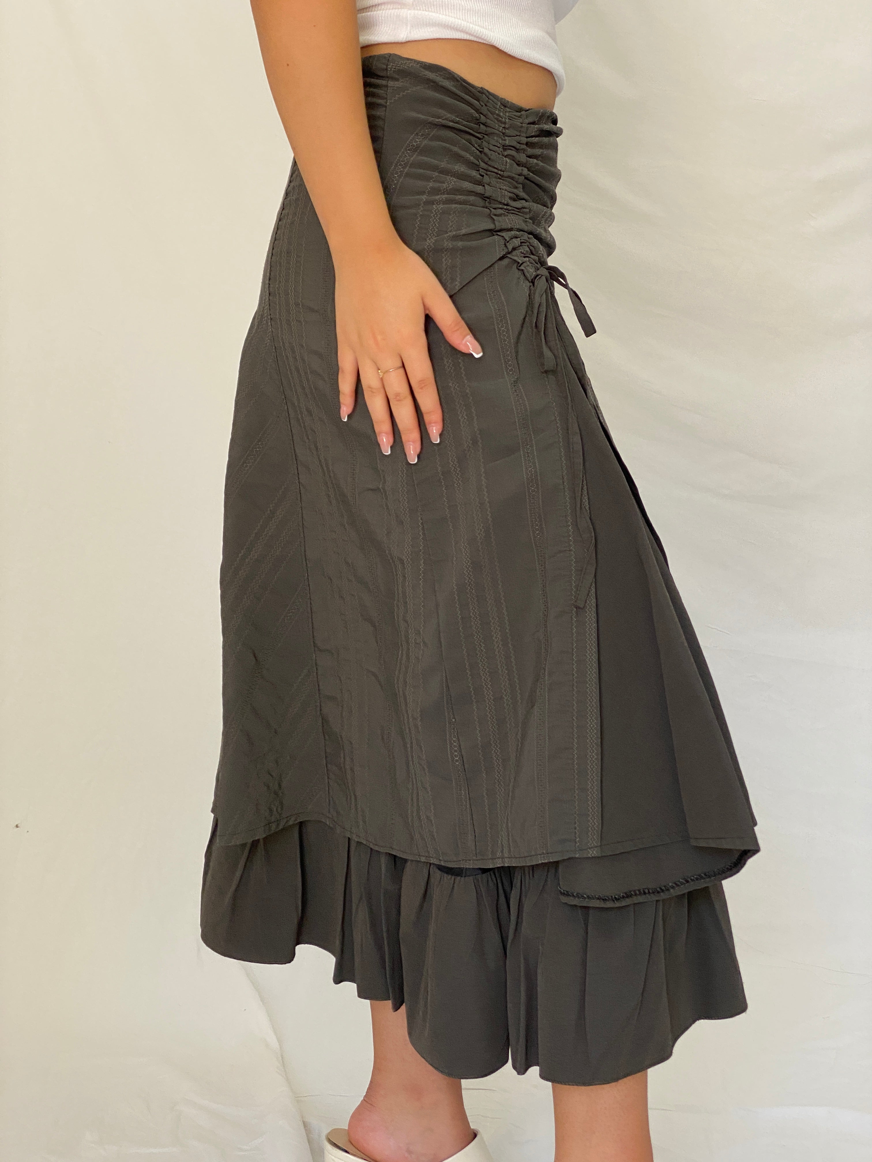 Y2K Whimsigoth Olive Green Ruched Layered Utility Midi Skirt – L