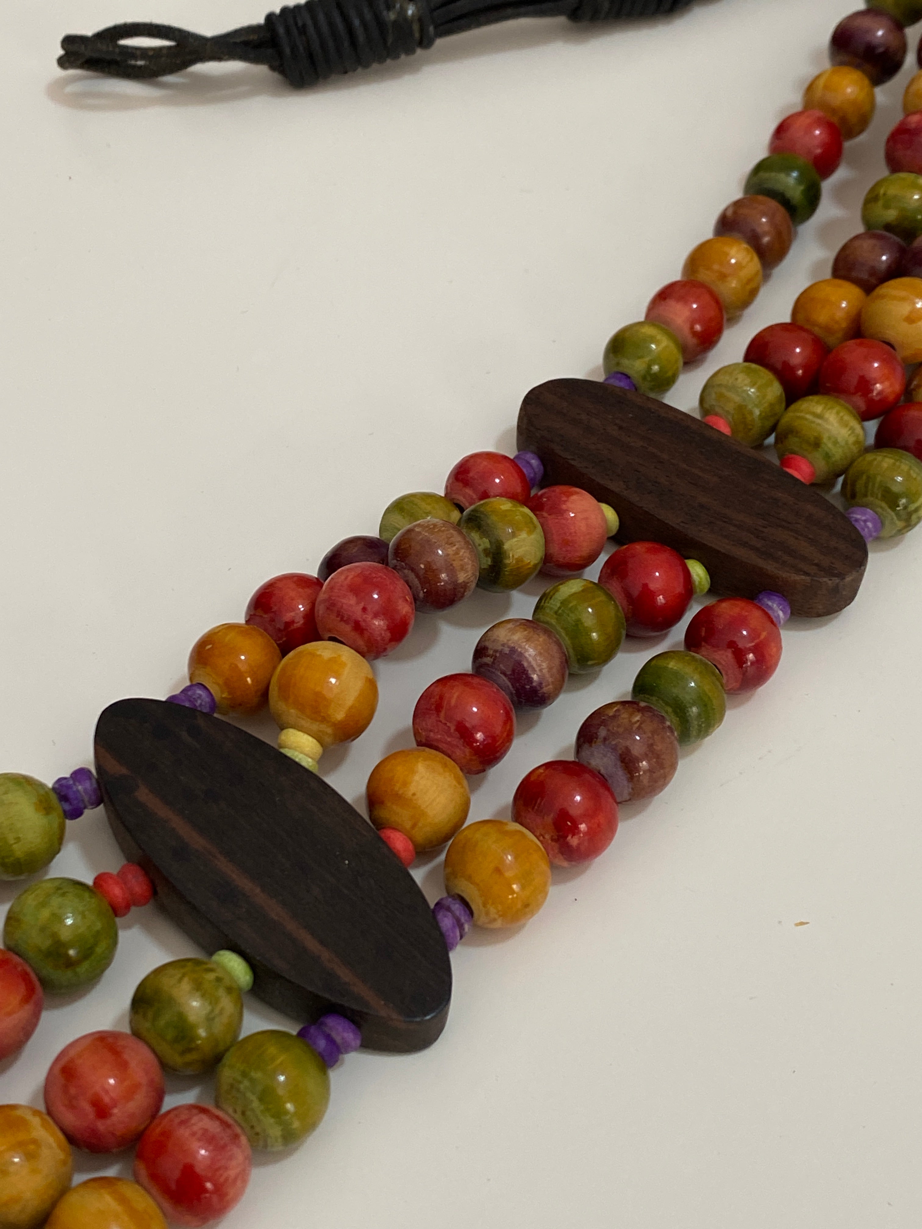 Vintage Multicolor Wooden Bead Waist Belt with Leather Tie Closure