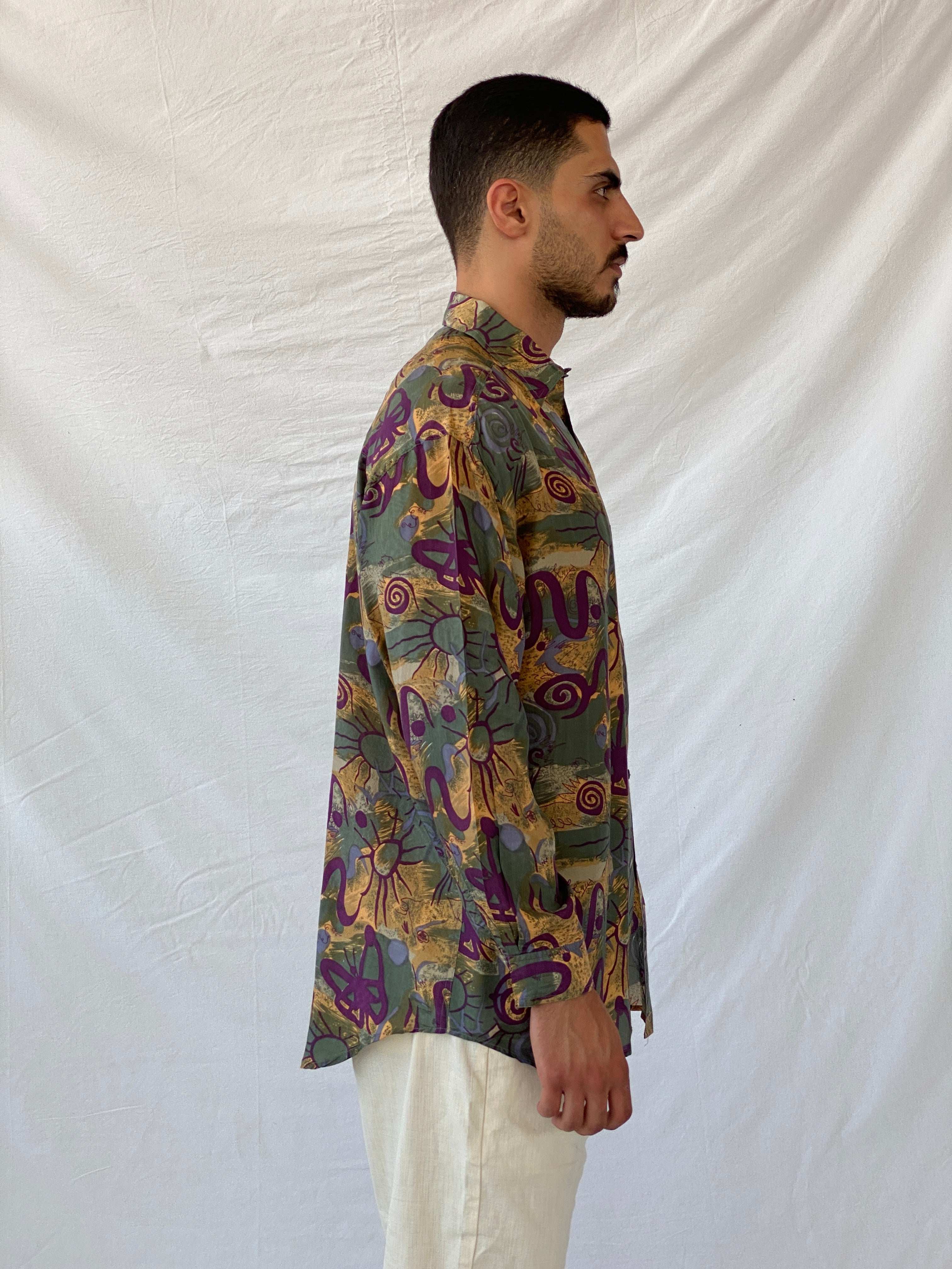 Vintage Protest Geometric Print Full Sleeve Silk Shirt - M