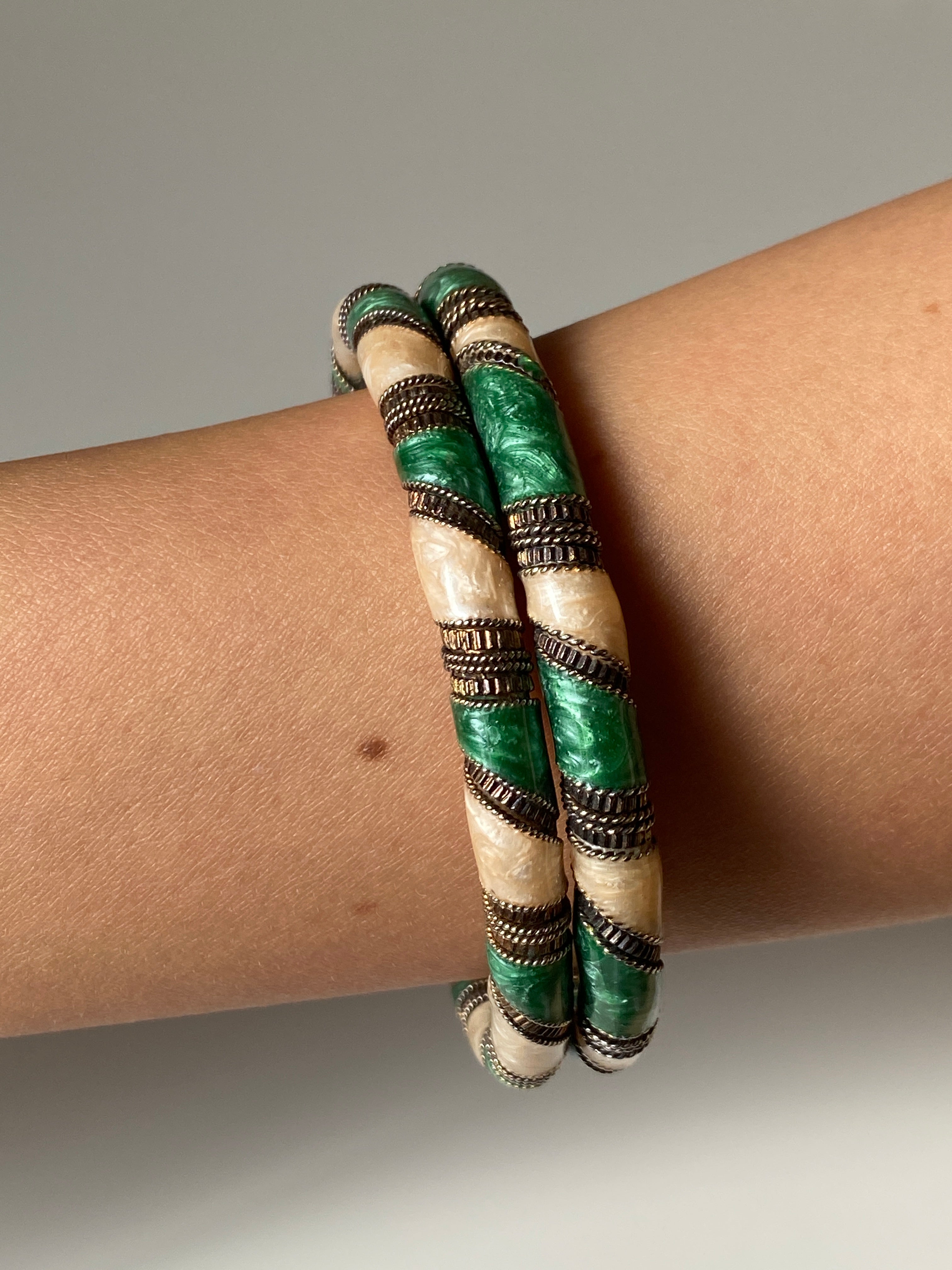 Vintage Green & Ivory Faux Malachite Rigid Bangles with Brass-Tone Detailing