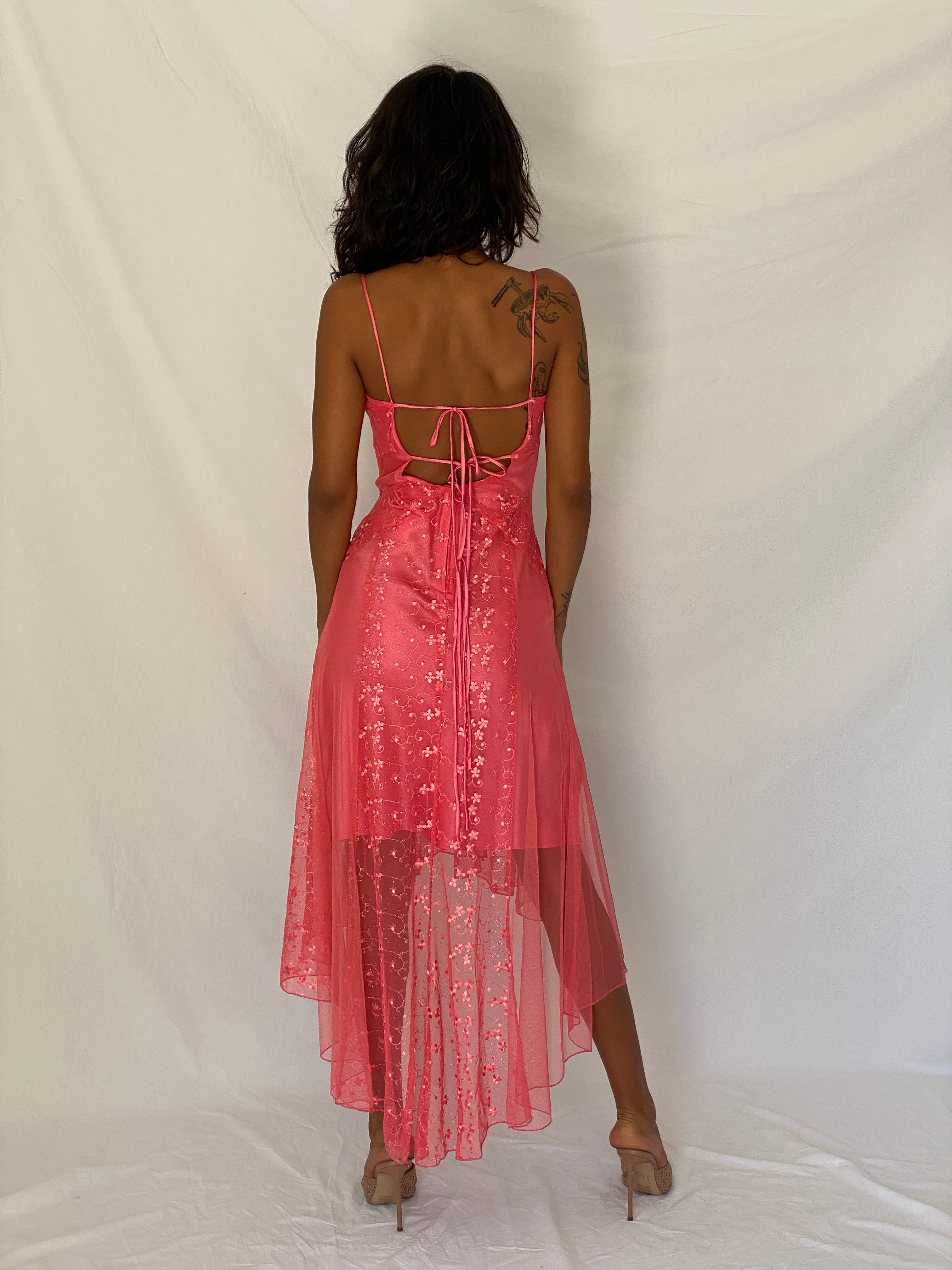 Vintage Y2K Eureka USA Hot Pink Embroidered Glitter Mesh High-Low Dress - XS