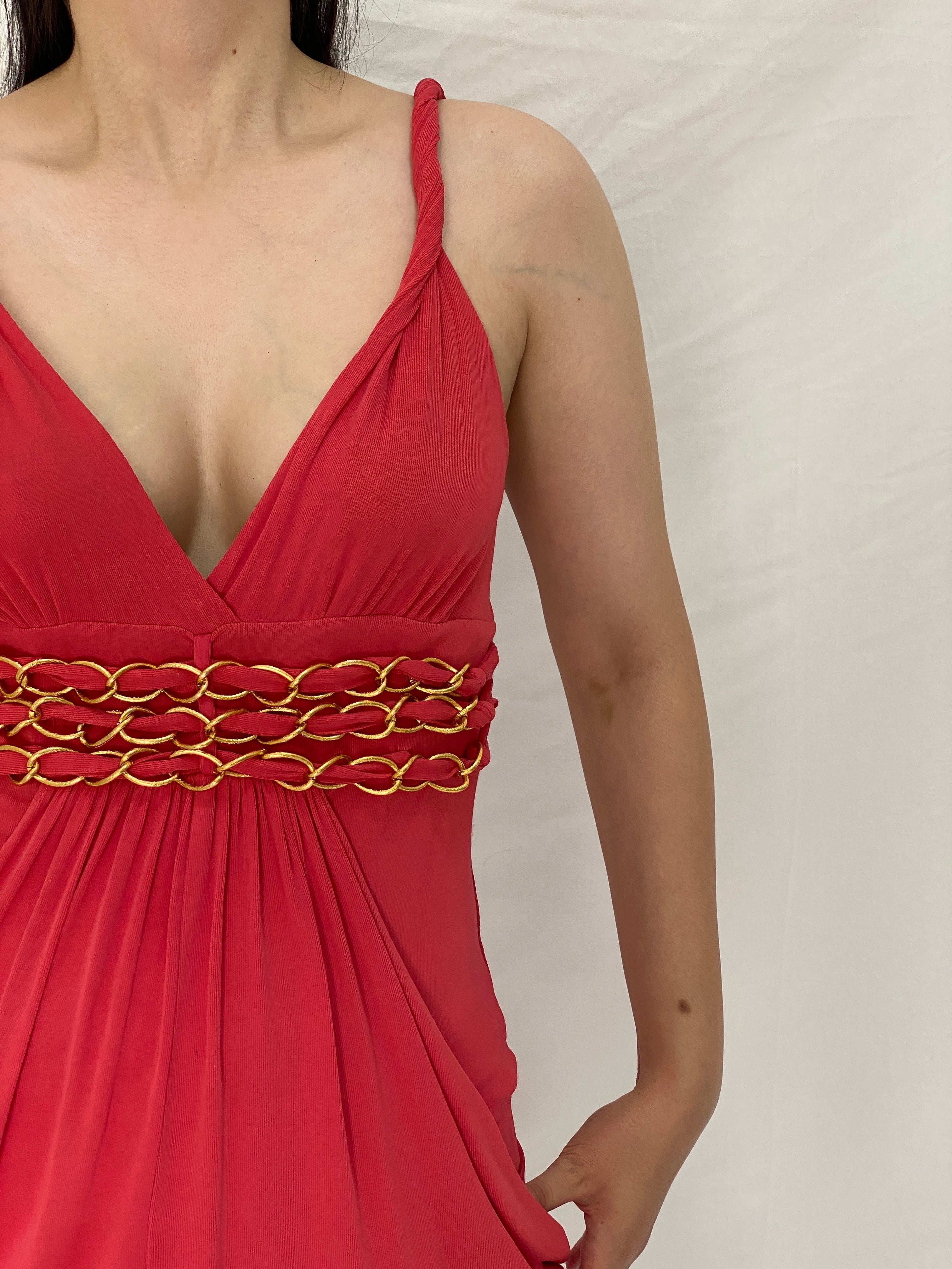 Vintage Y2K Bebe Coral Red Gold Chain Draped Empire Waist Cami Top - M