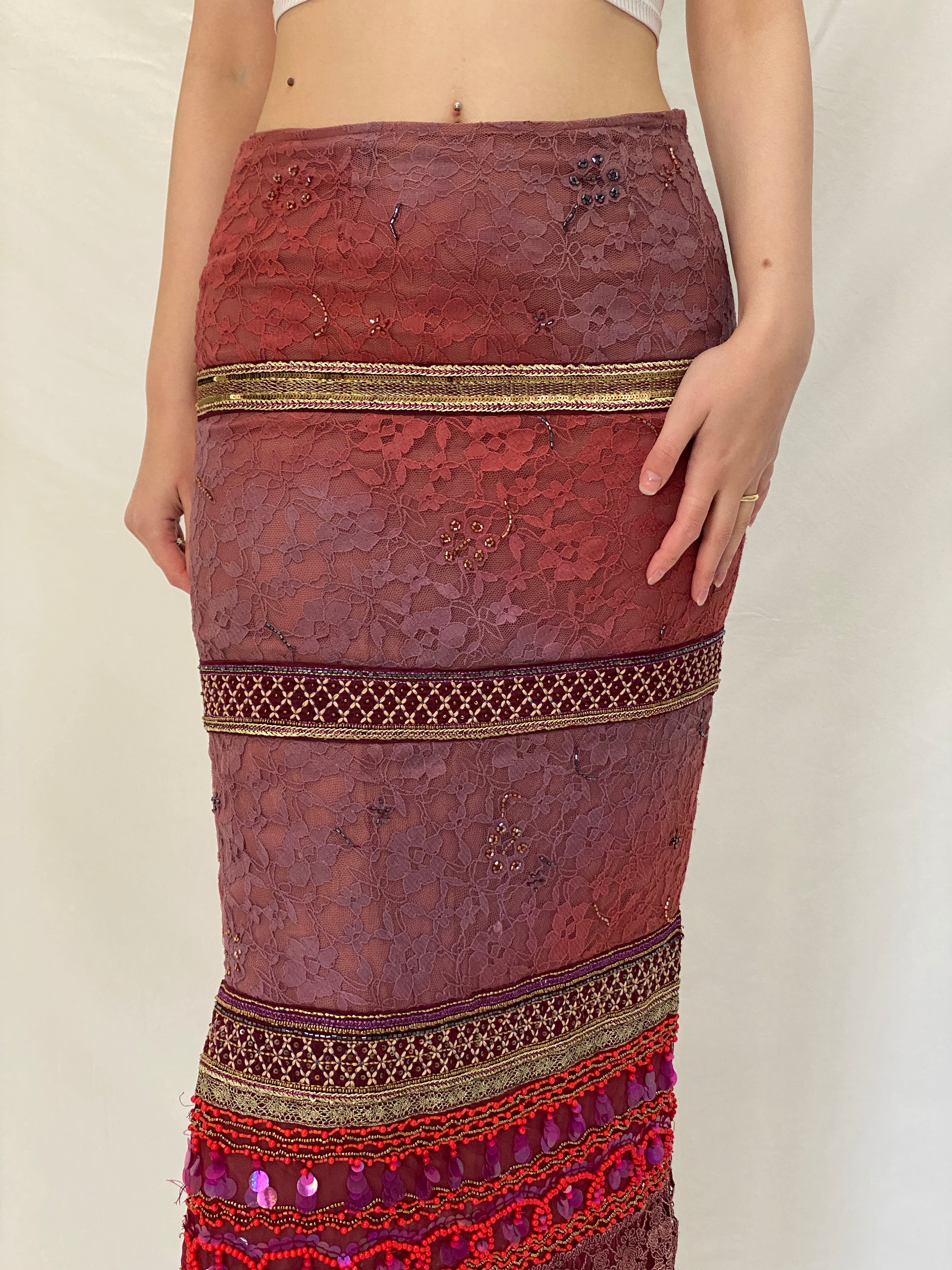 BRITISHINDIA Limited Edition Embellished Lace Maxi Skirt with Beaded Panels & Side Slit -S