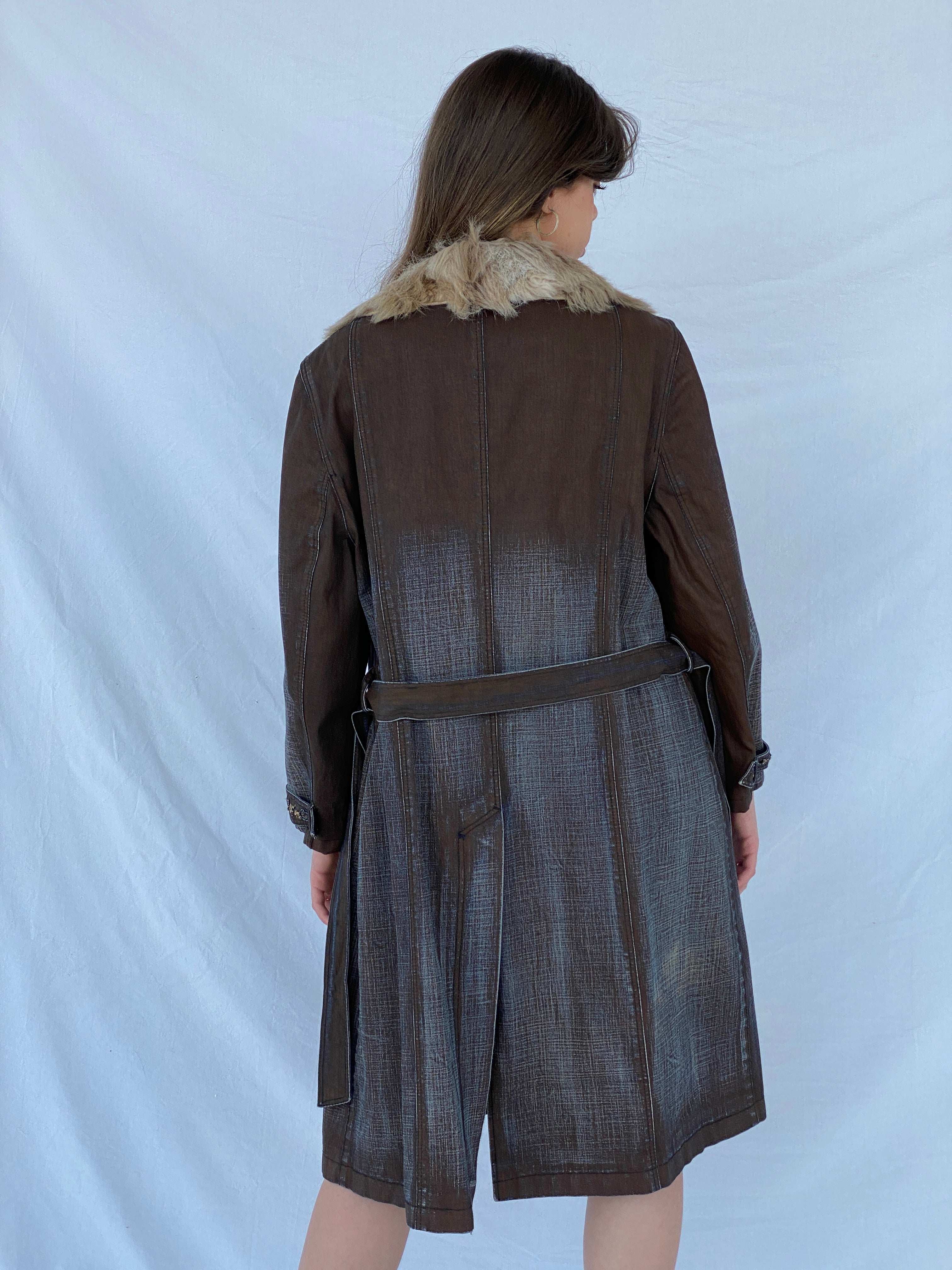 Statement Y2K Gala-Xi Distressed Brown Denim Coat - Size Large - Balagan Vintage Denim Coat 00s, coat, colored denim, denim, Mira, vintage coat