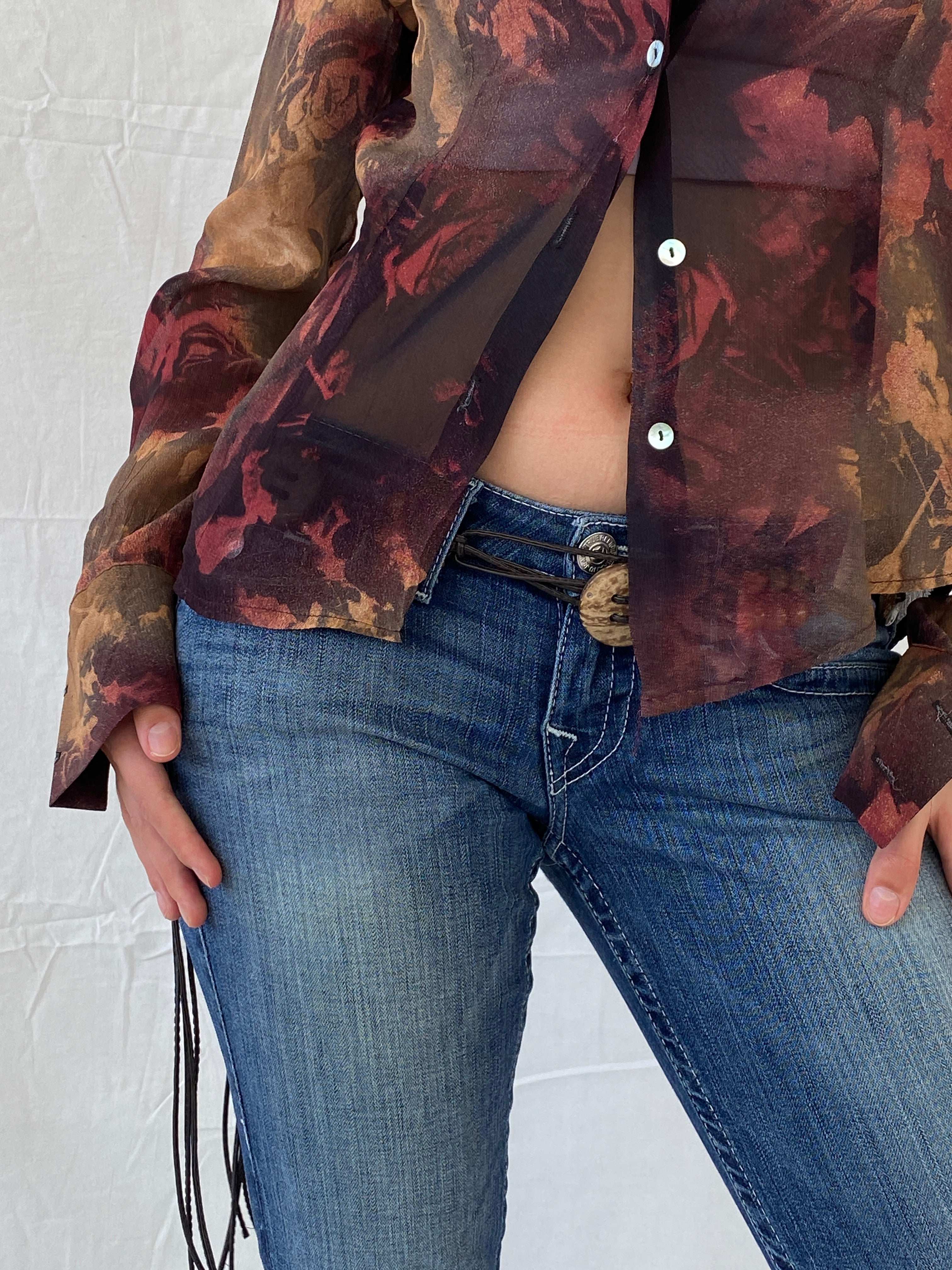 Vintage 90s LA CITY Paris Sheer Maroon Floral Shirt - M