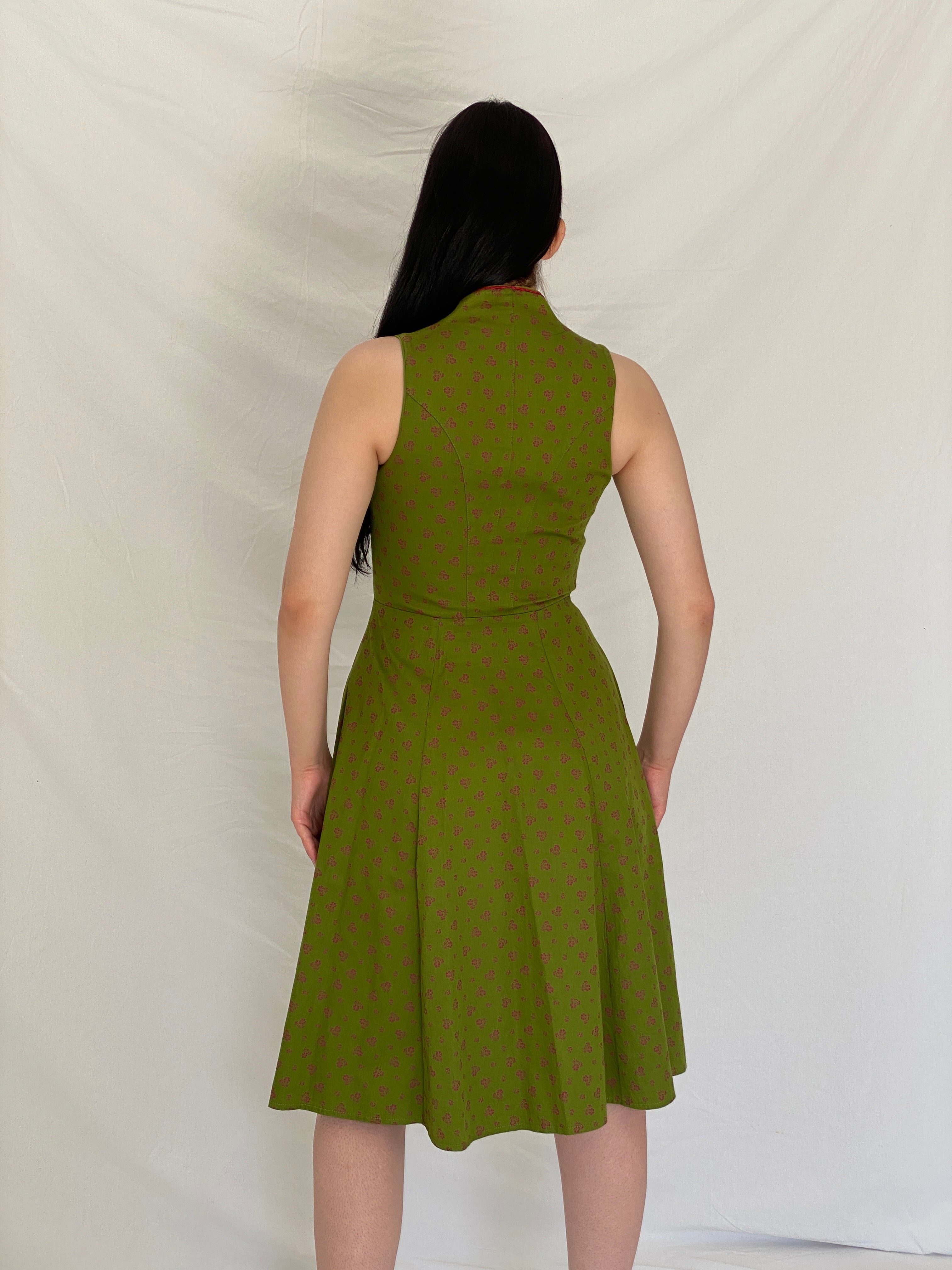 Vintage German Daller Tracht Green Cotton Floral Dirndl Folk Dress – S