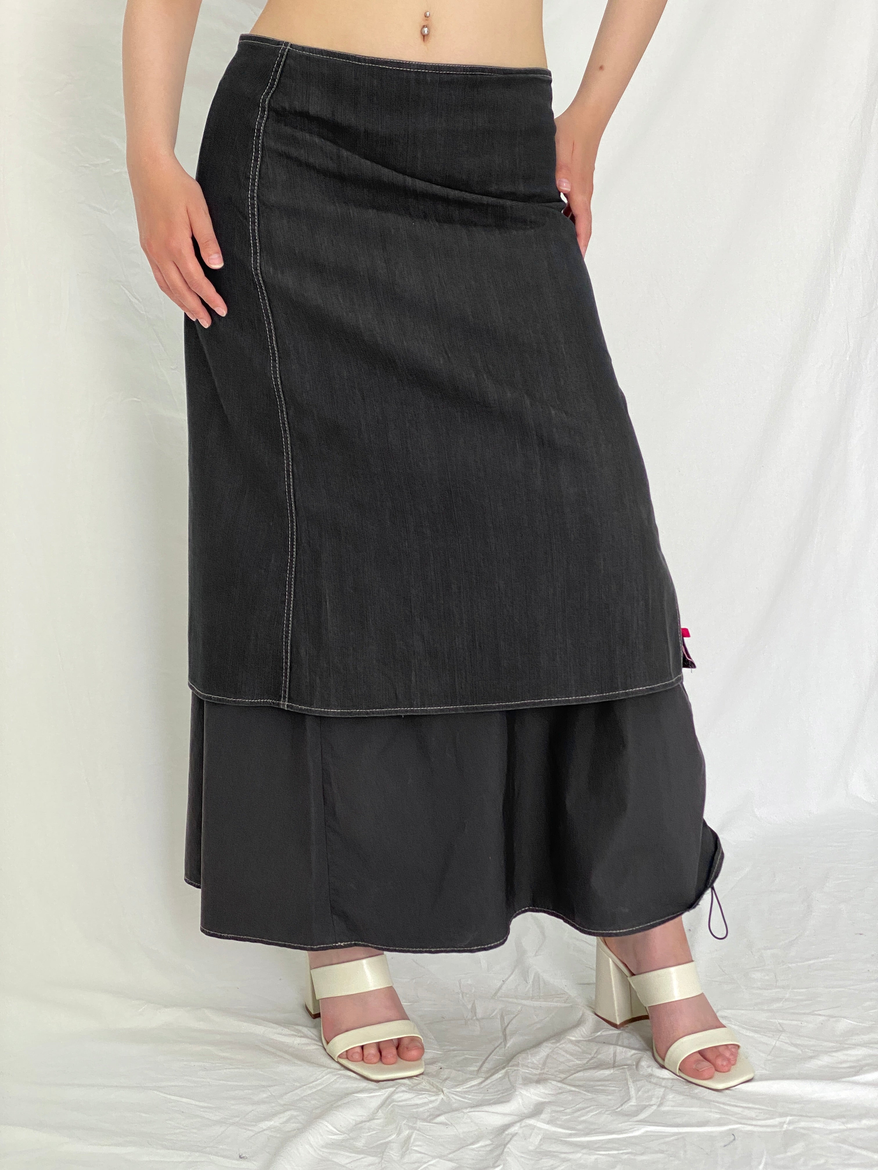 Y2K Fozmul Dark Navy Layered Denim Maxi Ruched Side Utility Aesthetic Skirt – M