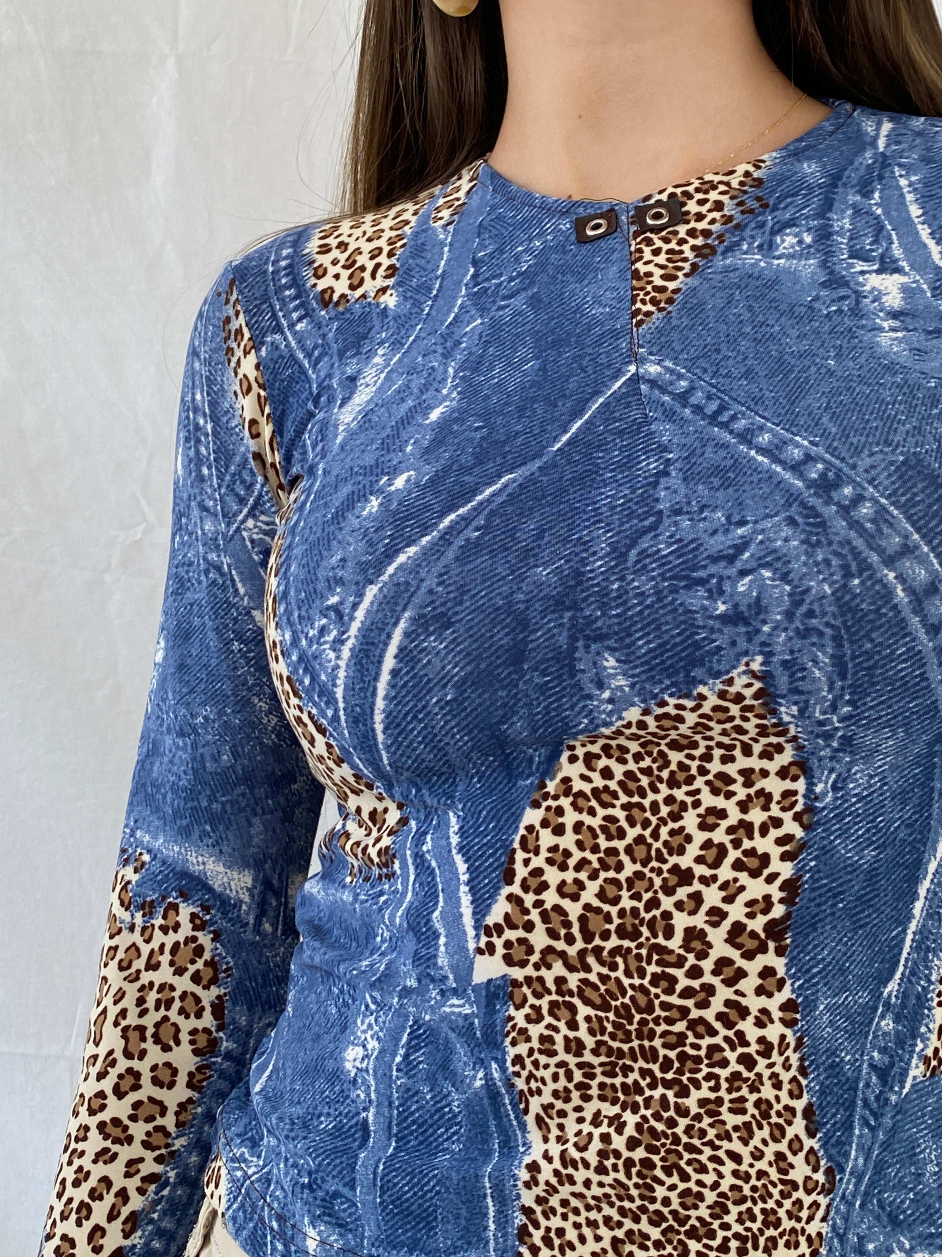 Vintage Denim and Animal Print Long Sleeve Top - S