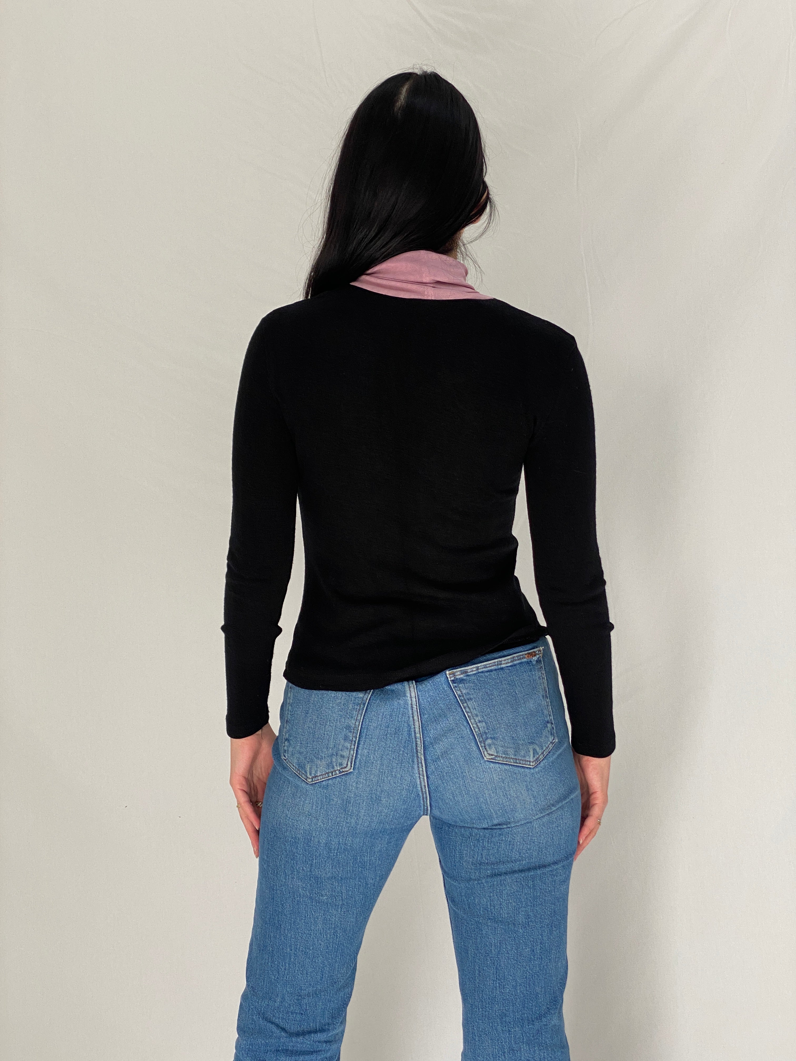 Vintage Black Floral Embroidered Pink 90s High Neck Top - S