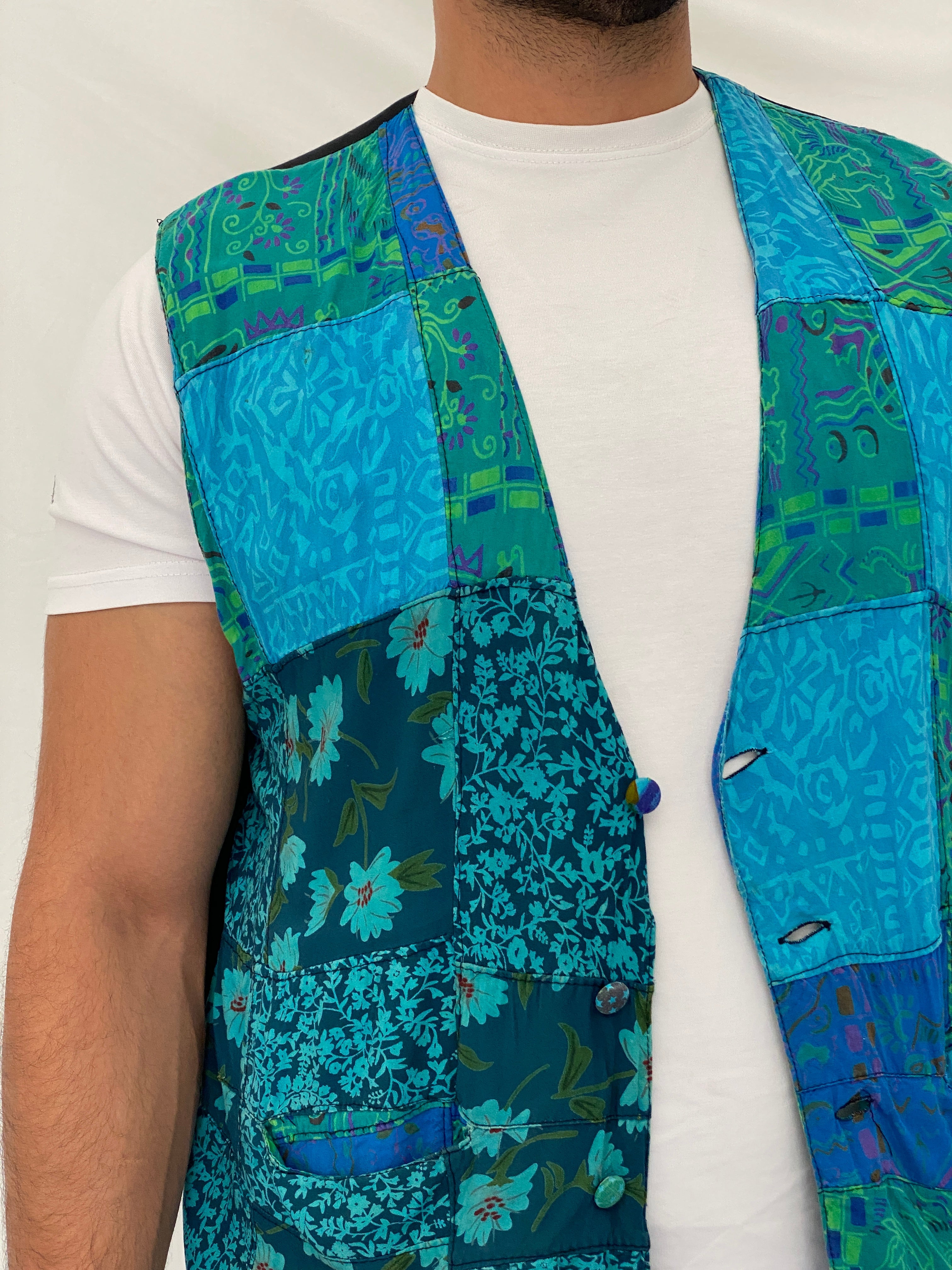 Vintage 90s Nativewear Designs Blue Green Patchwork Boho Festival Vest – XL