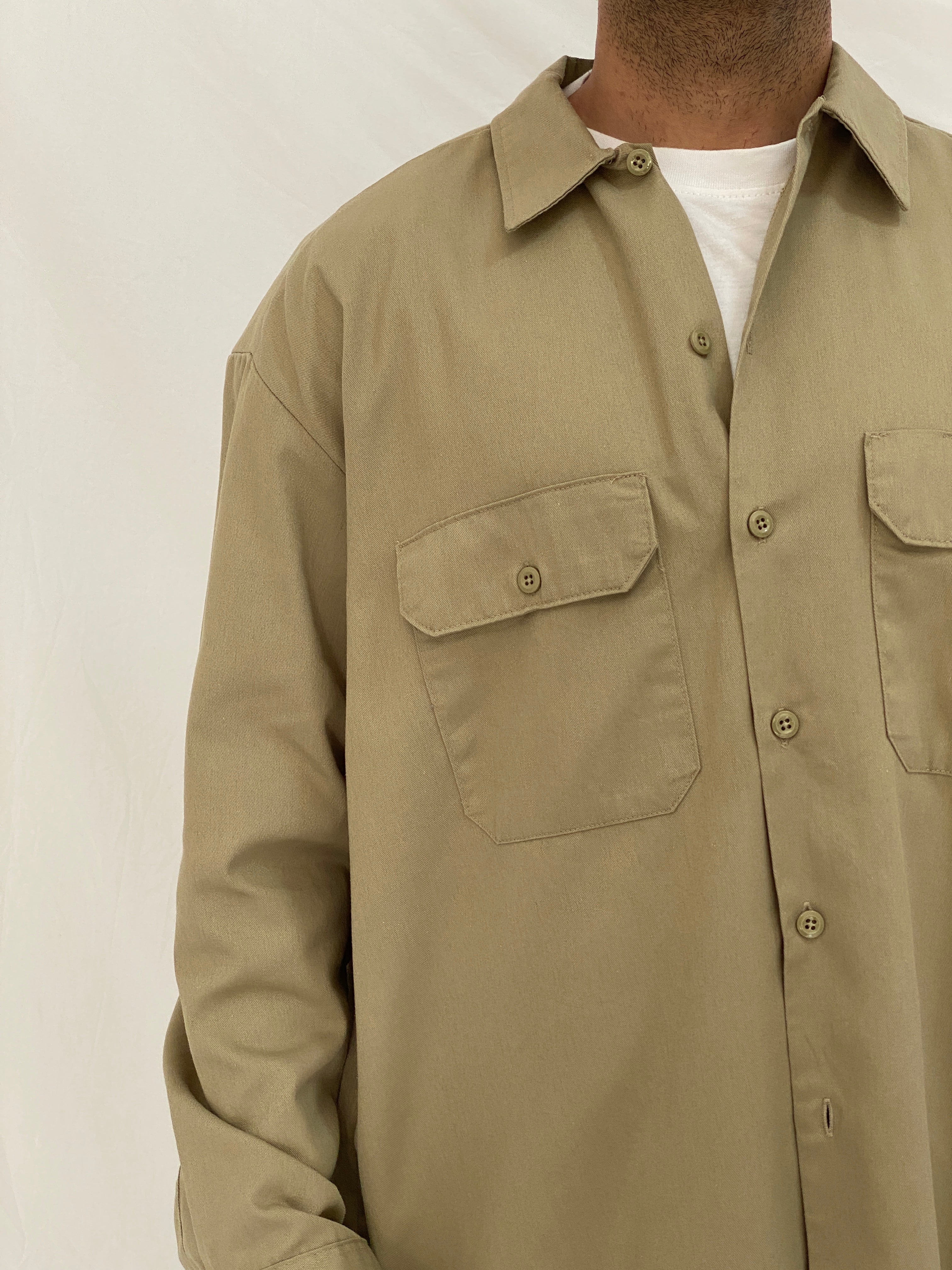 Vintage Dickies Workwear Khaki Button-Up Shirt Beige Utility Work Shirt - XL