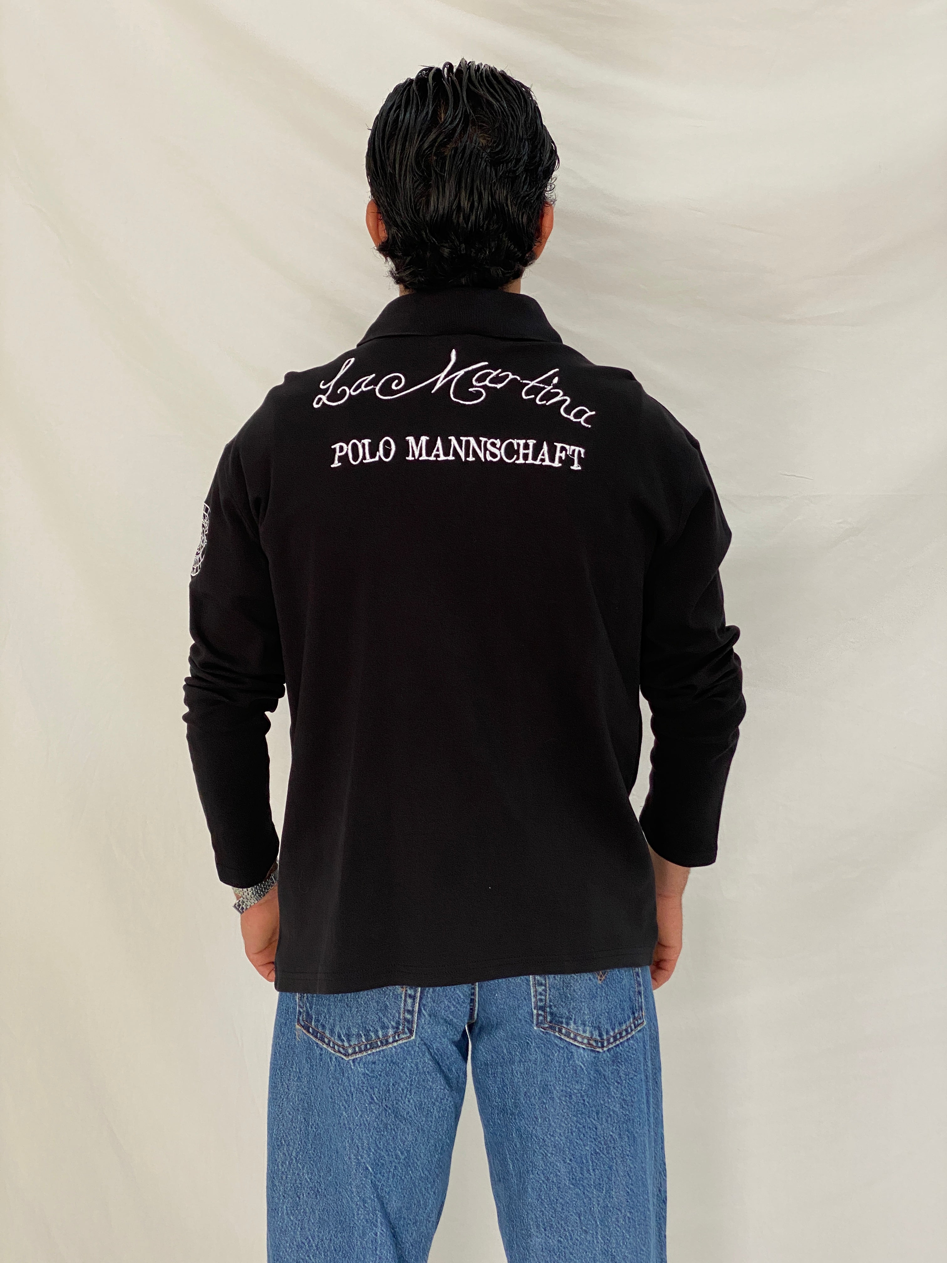 Vintage La Martina Porsche Team Rugby Top Polo Black Racing Shirt - L