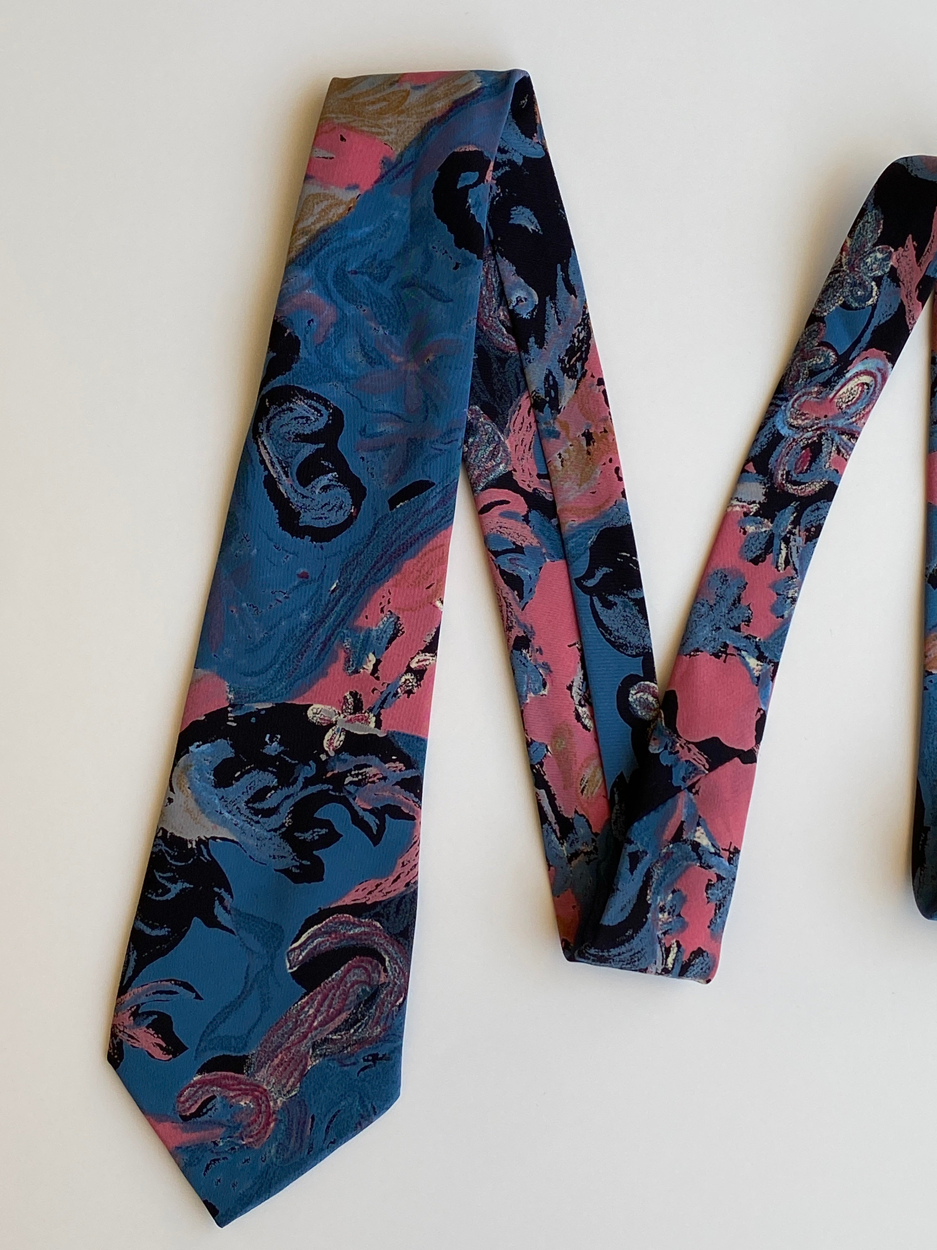 Vintage 1990s Made in Germany Blue Pink Abstract Floral Necktie