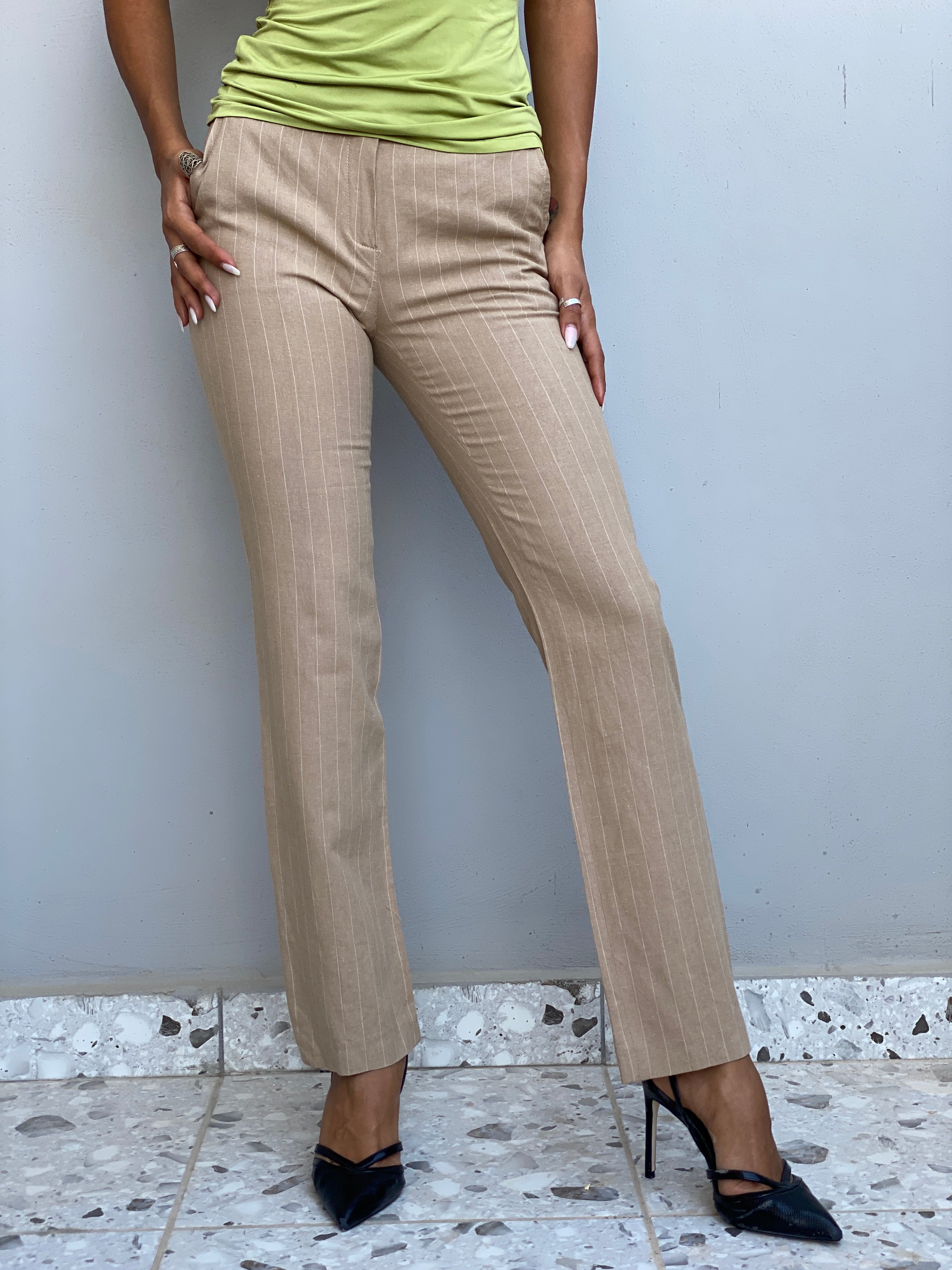 Vintage Y2K La City Paris Beige Pinstripe Low-Rise Straight Leg Trousers - XS