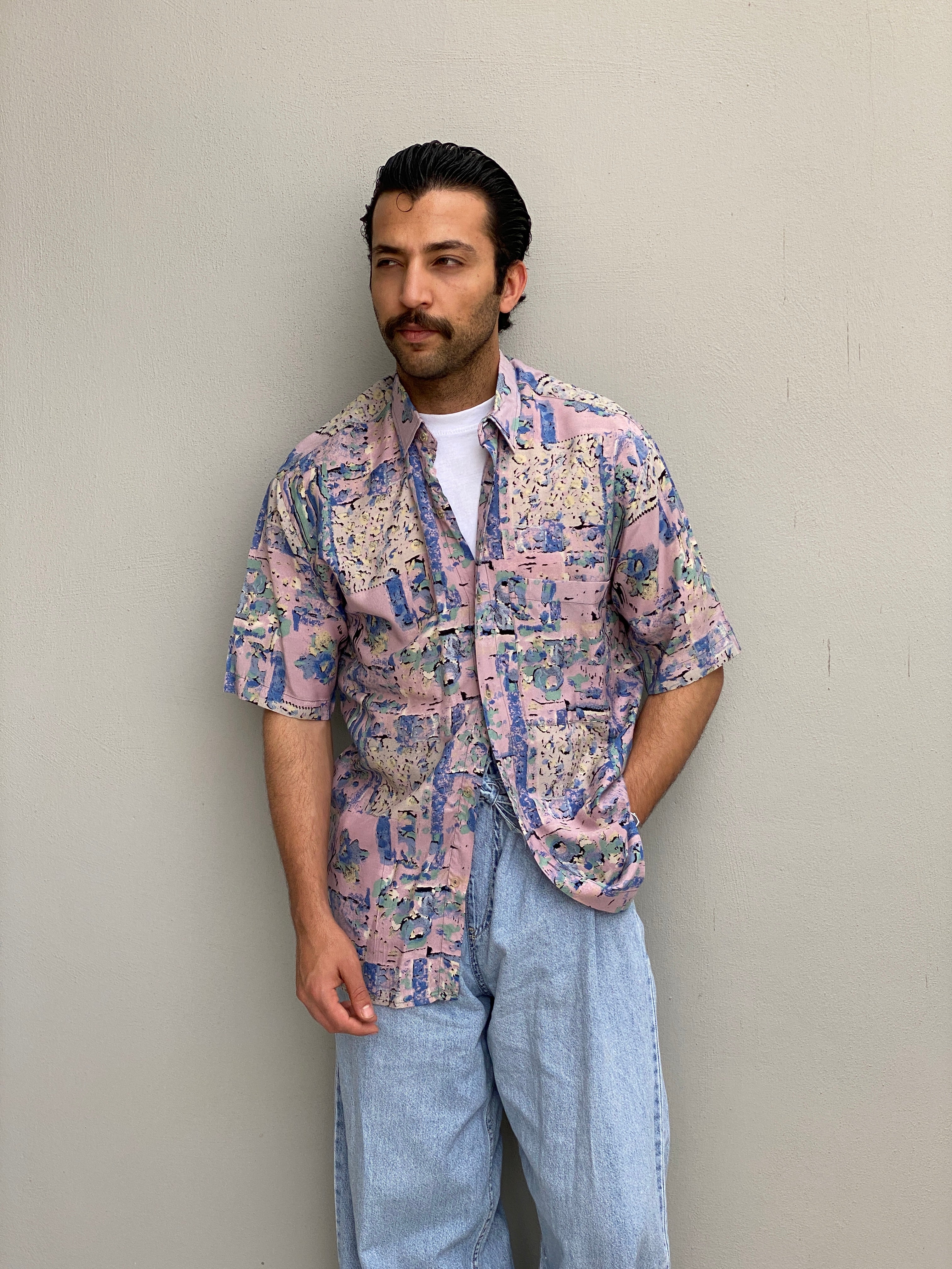Vintage 90s Microfil Abstract Pastel Print Button-Up Shirt - M