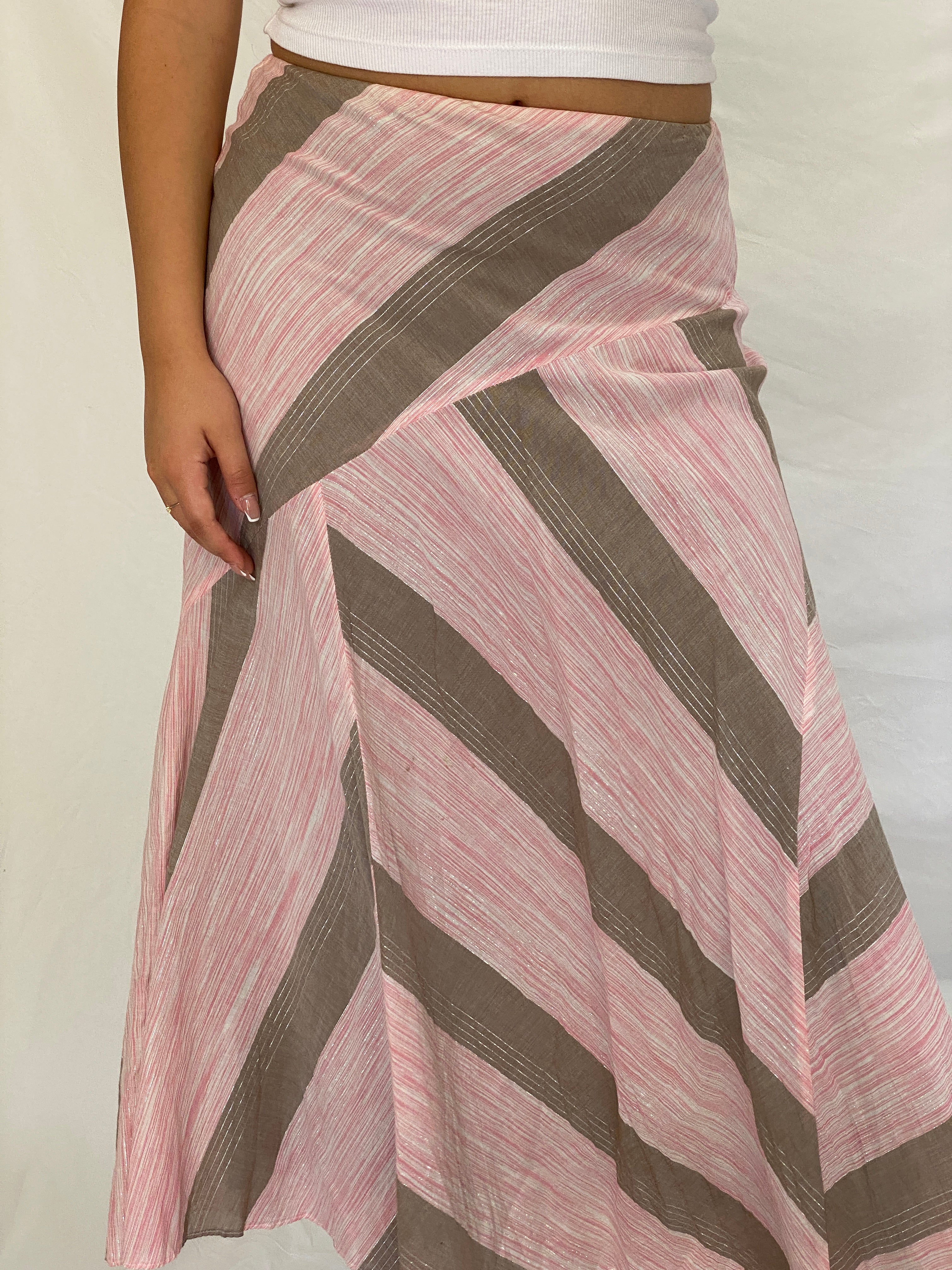Vintage Y2K Woolworths Woman Pink & Taupe Linen Blend Chevron Maxi Skirt - M