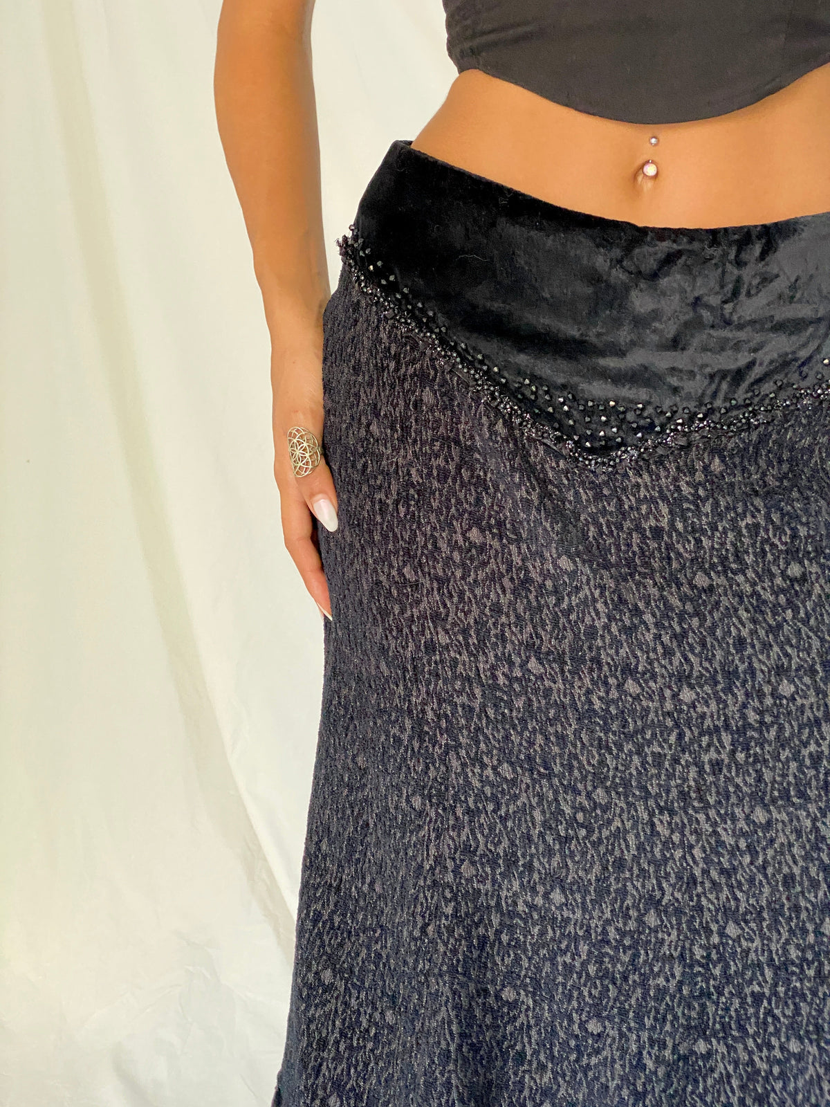 Vintage Whimsigoth Black Velvet Embellished Tulle Grunge Midi Skirt – M