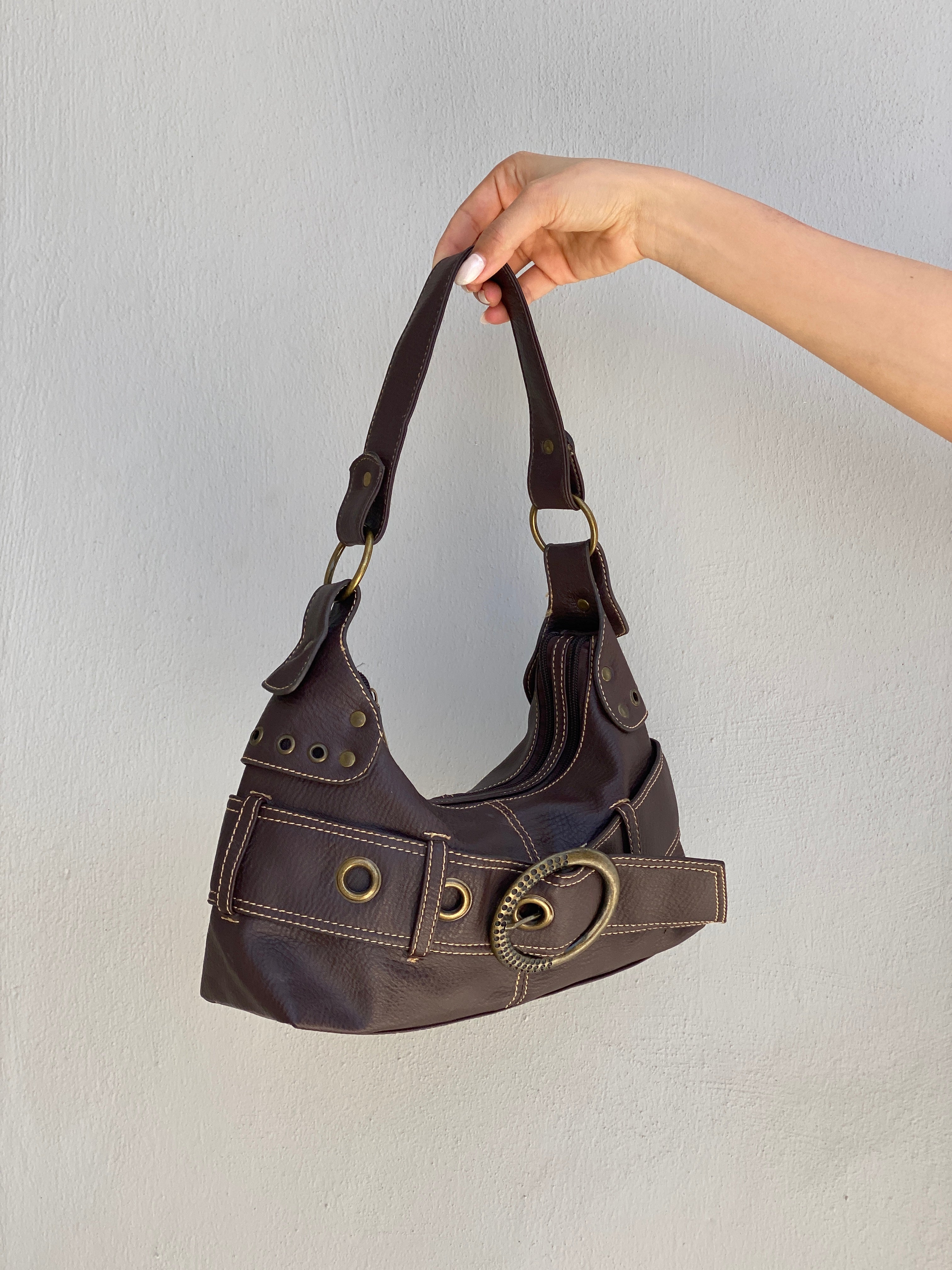 Vintage Y2K Brown Leather Purse Belt Detail Shoulder Bag