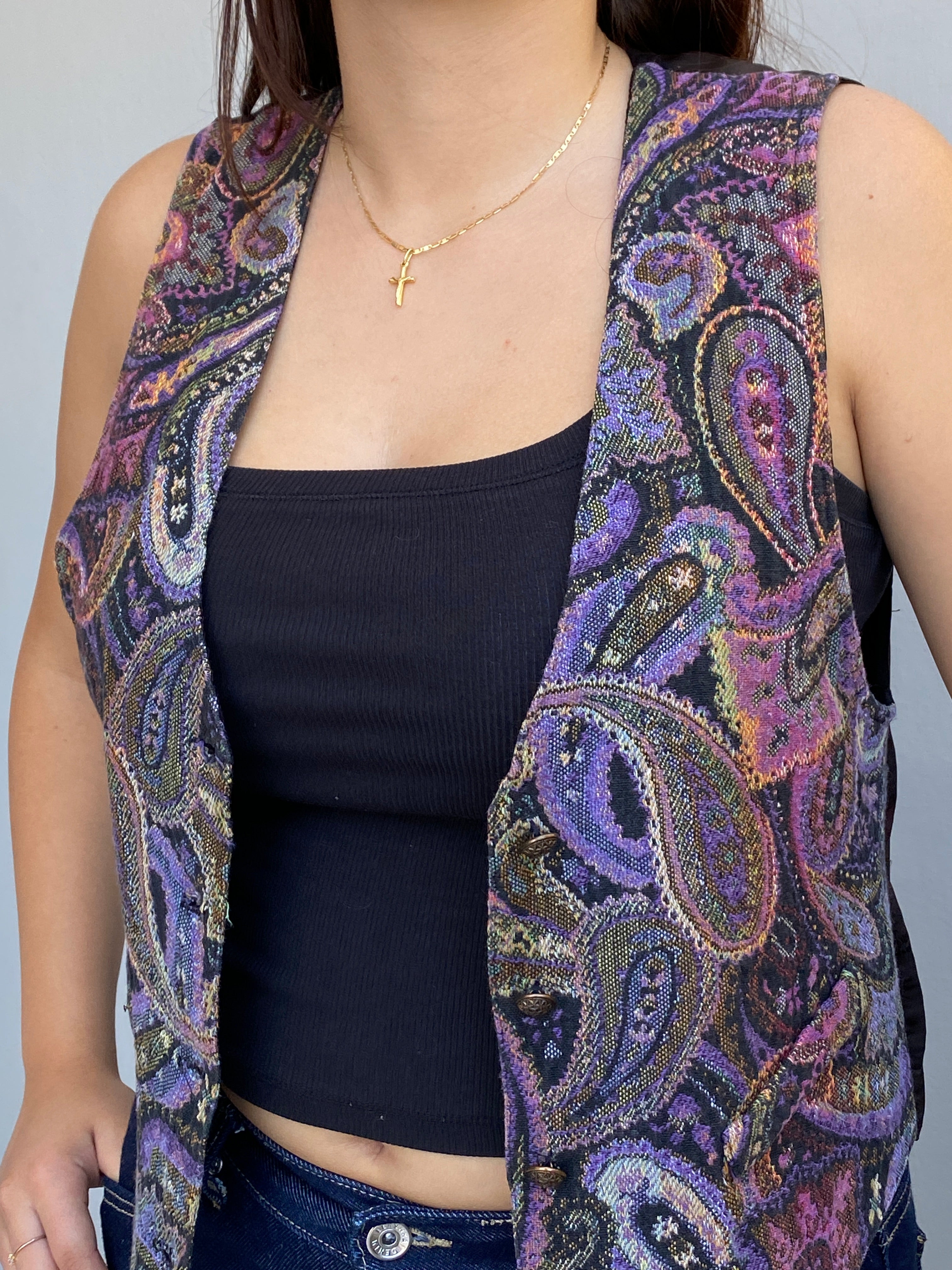 Vintage 90s Wrapper USA Purple Paisley Tapestry Vest Boho Waistcoat – M