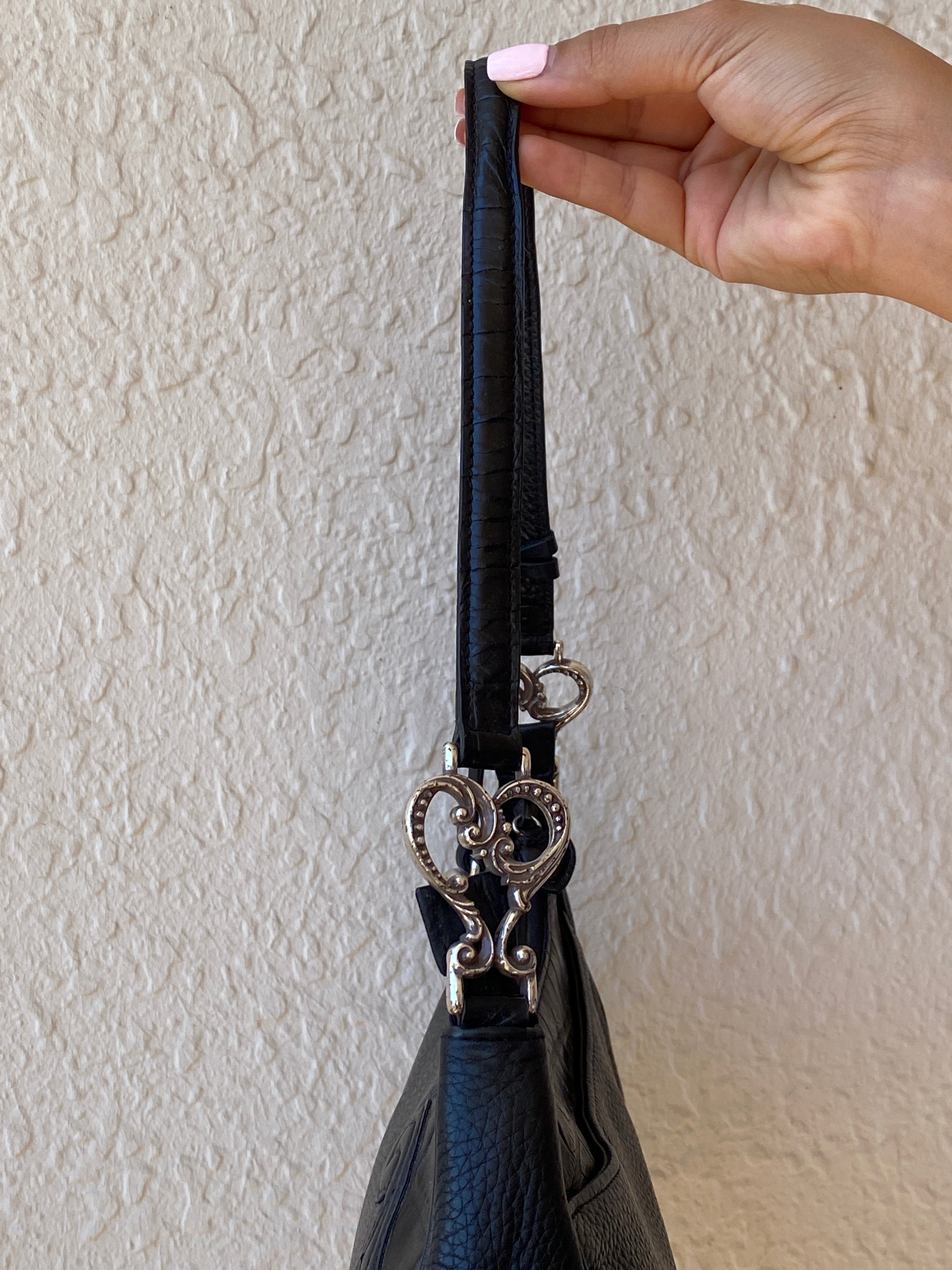 Vintage Y2K Brighton Black Genuine Leather Whimsigoth Shoulder Bag with Heart Charm