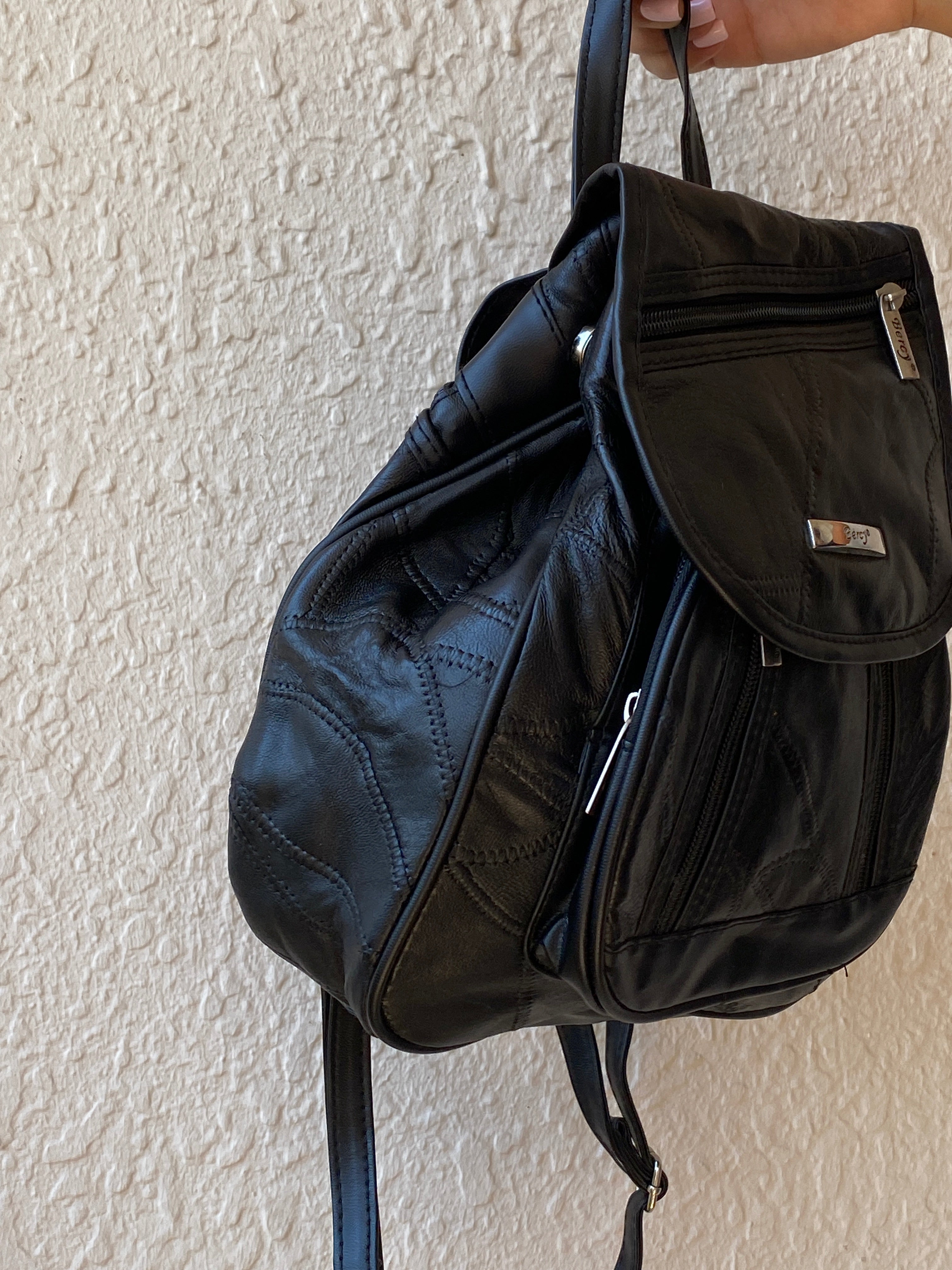 Vintage 90s Bercy Black Genuine Leather Patchwork Multi-Pocket Backpack