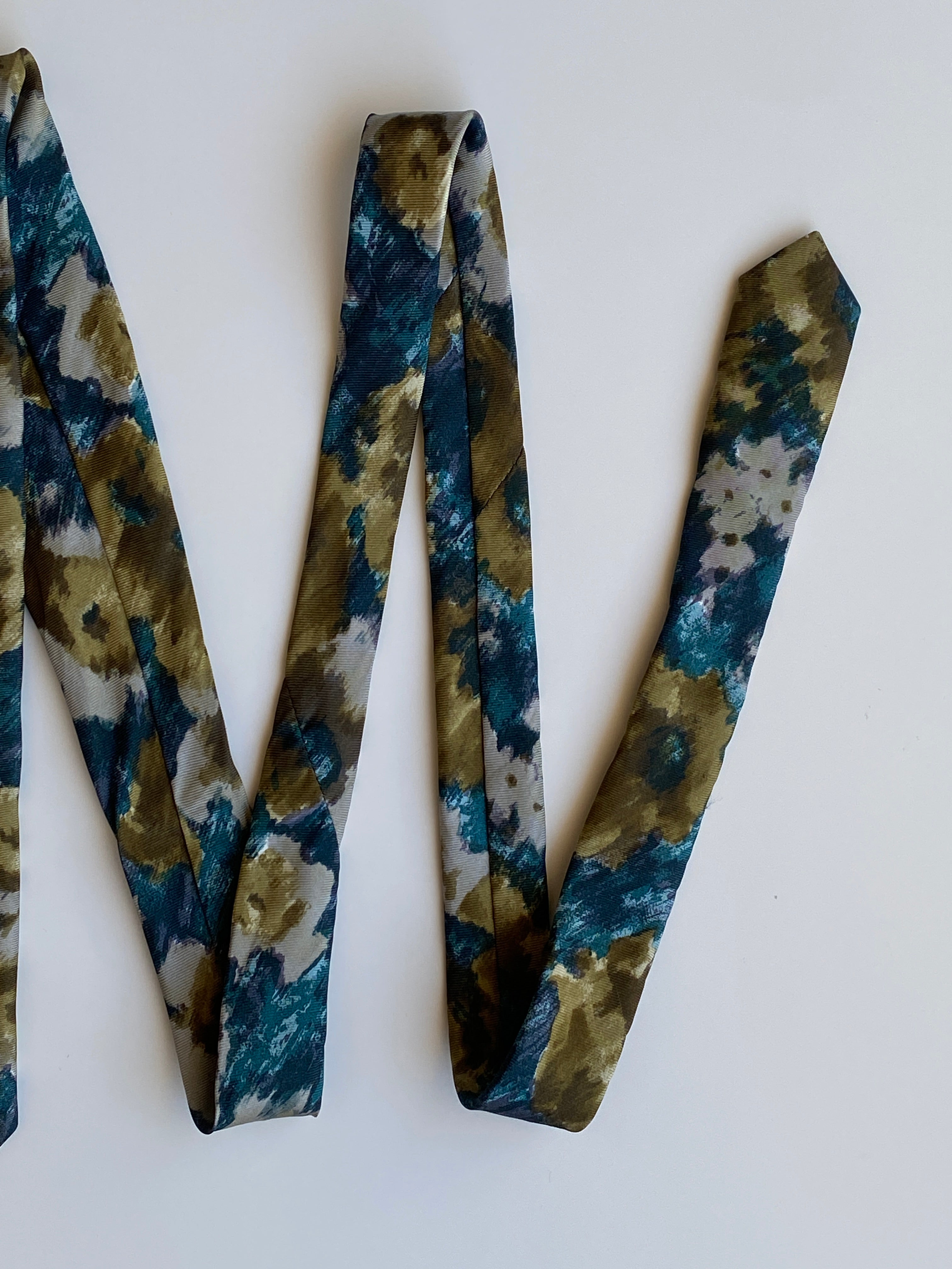 Vintage 1990s Peter von Holland Teal Olive 100% Silk Abstract Floral Necktie