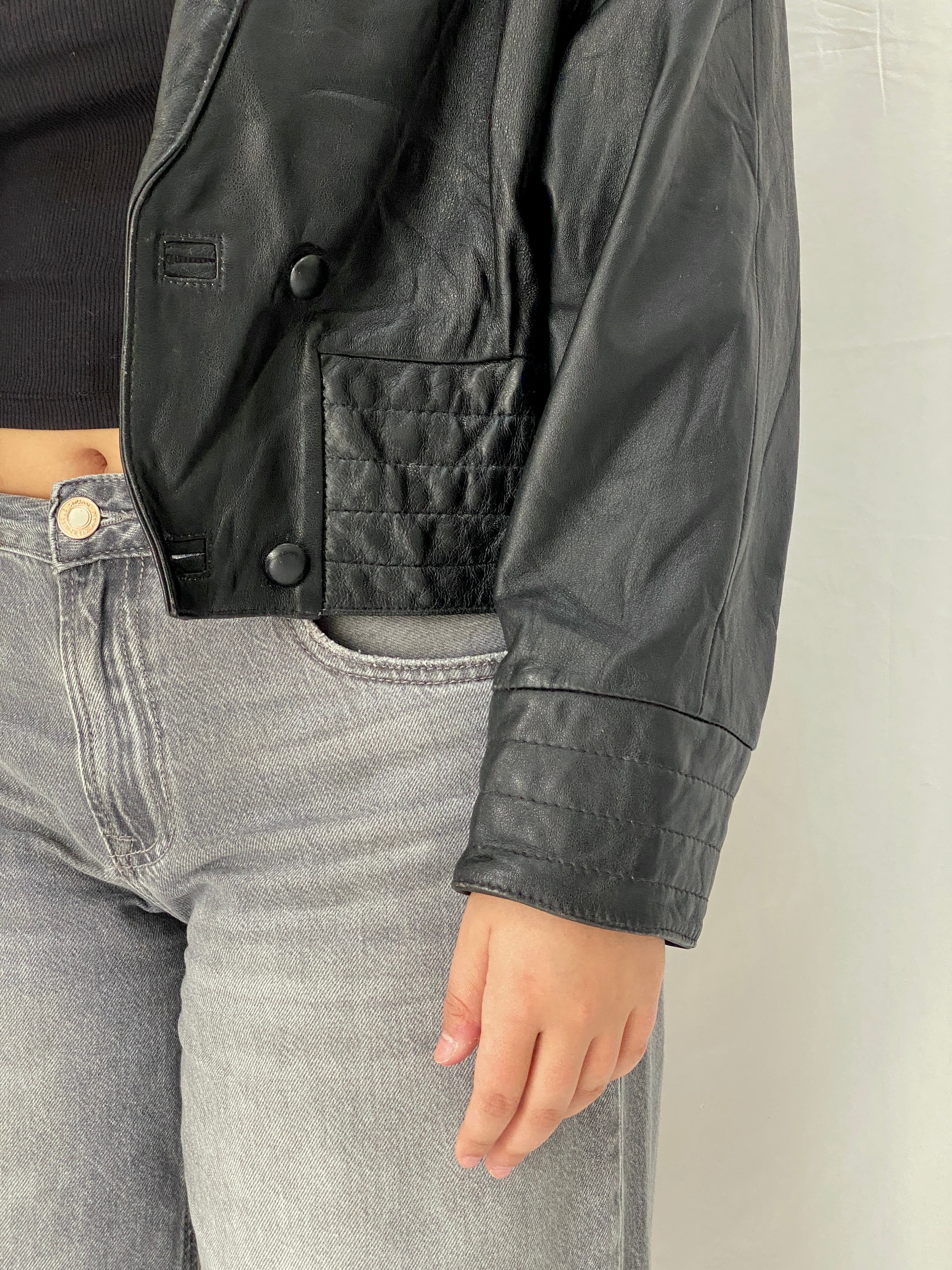 Vintage 80s Greek Kelesidi Leather Bomber Jacket Black Power Shoulder Blazer - M